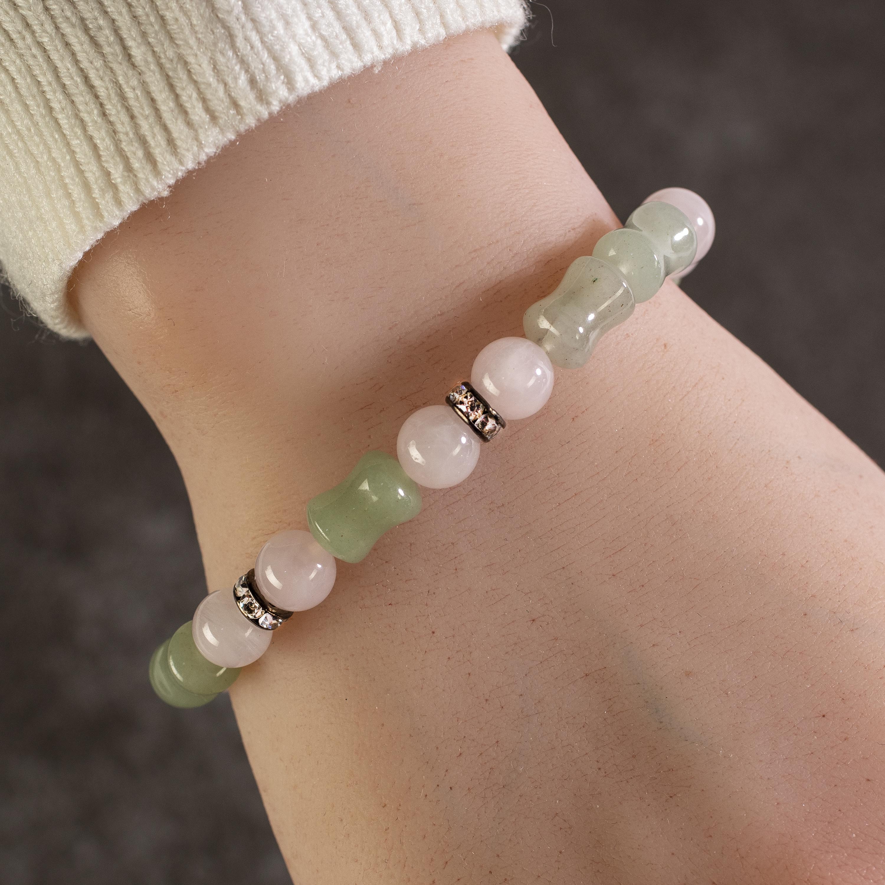 Kalifano Gemstone Bracelets Round Rose Quartz and Hourglass Aventurine Gemstone Elastic Braceletwith Crystal Accent Beads WHITE-BGP-014