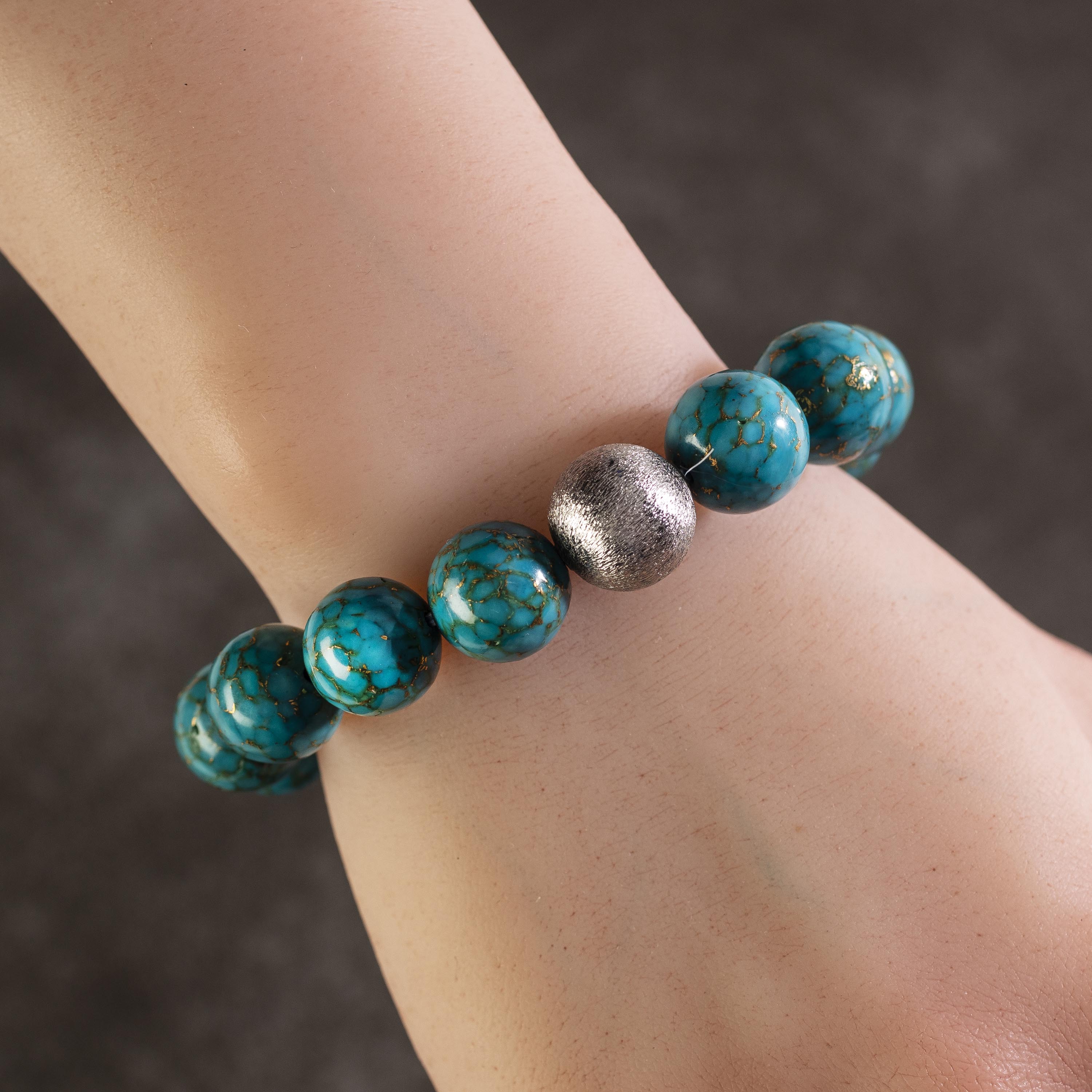 Kalifano Gemstone Bracelets Turquoise 14mm Gemstone Bead Bracelet with Silver Accent Bead RED-BGP-048