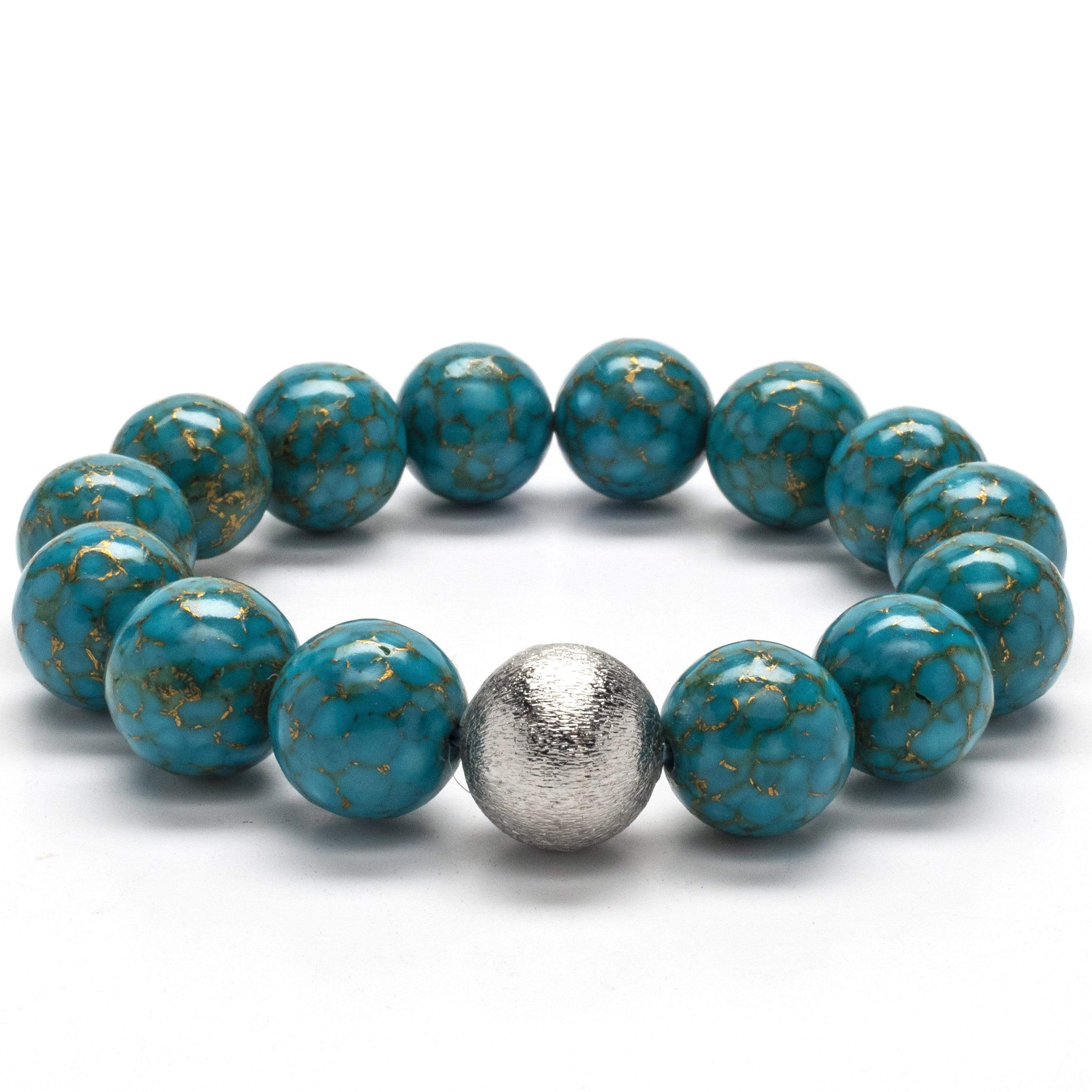 Kalifano Gemstone Bracelets Turquoise 14mm Gemstone Bead Braceletwith Silver Accent Bead RED-BGP-048