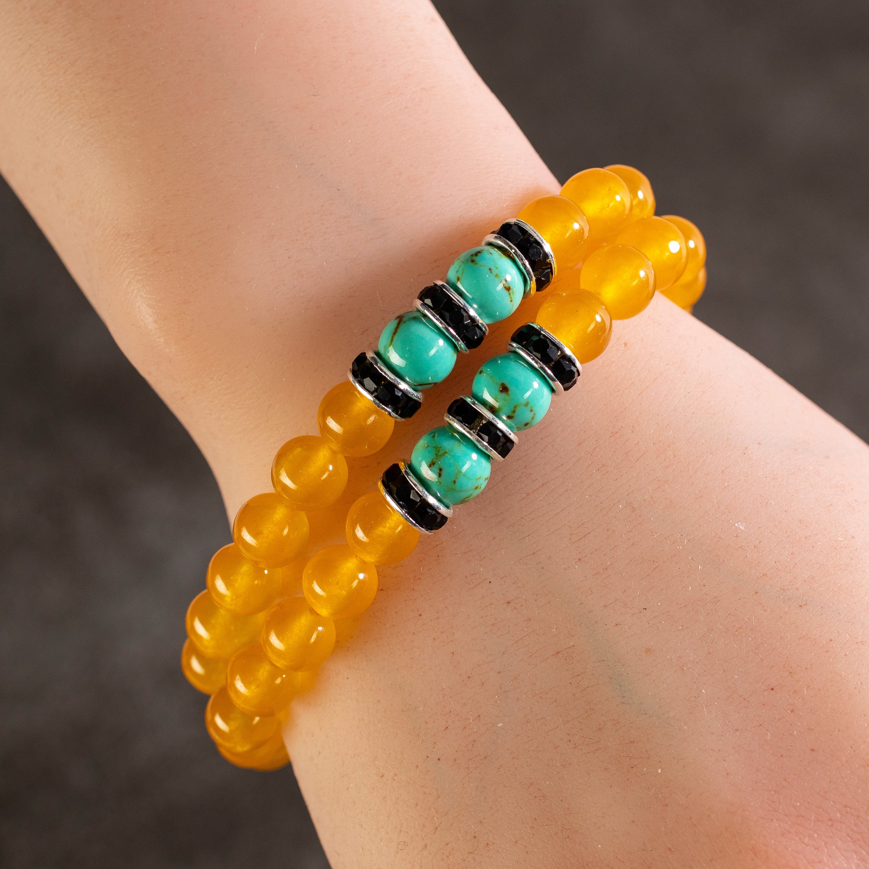 Kalifano Gemstone Bracelets Yellow Agate 8mm Beads with Howlite Turquoise and Black and Silver Accent Beads Double Wrap Elastic Gemstone Bracelet WHITE-BGI2-029