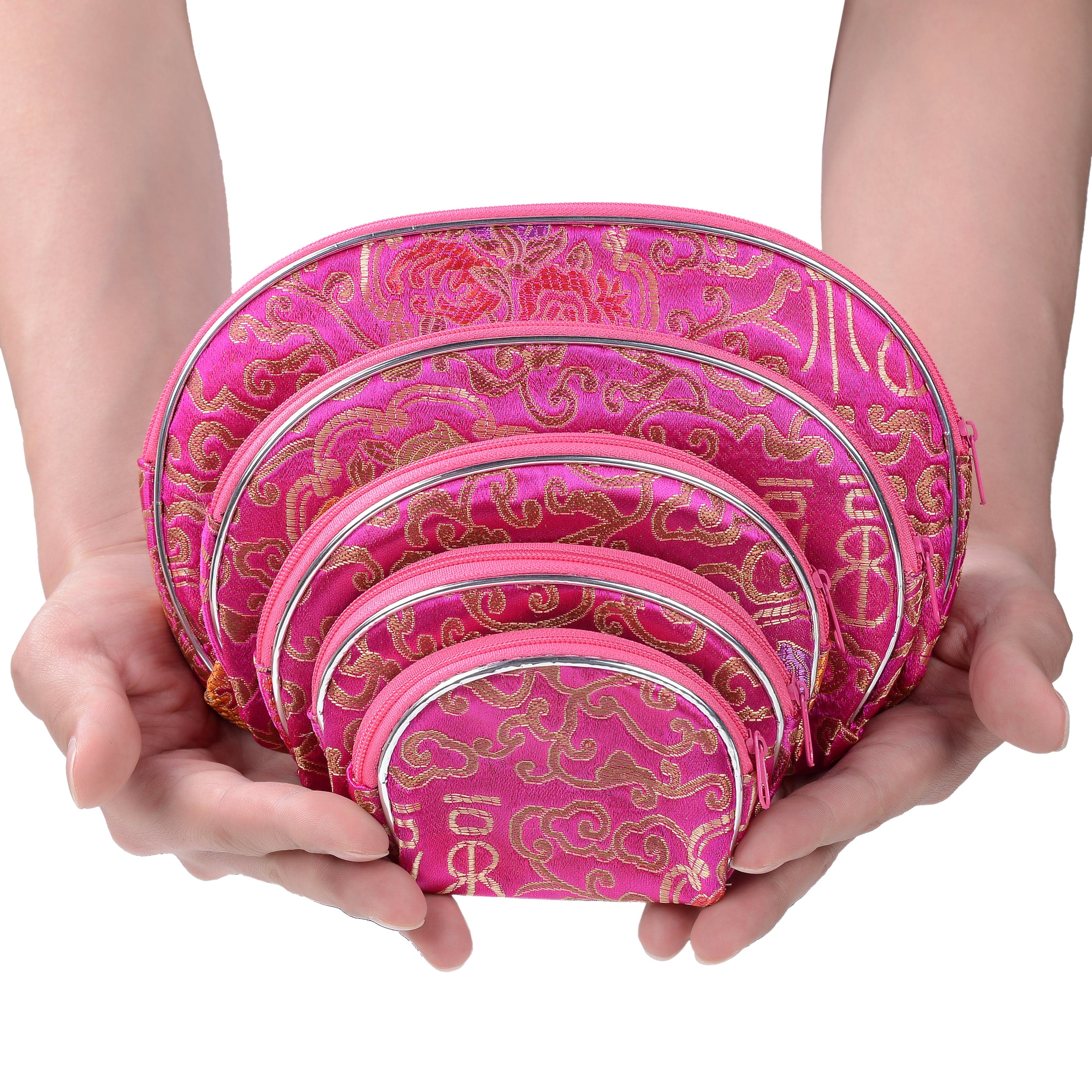 Kalifano JEWELRY POUCHES Pink Silk Pouch - 5 piece set POUCH5-PK