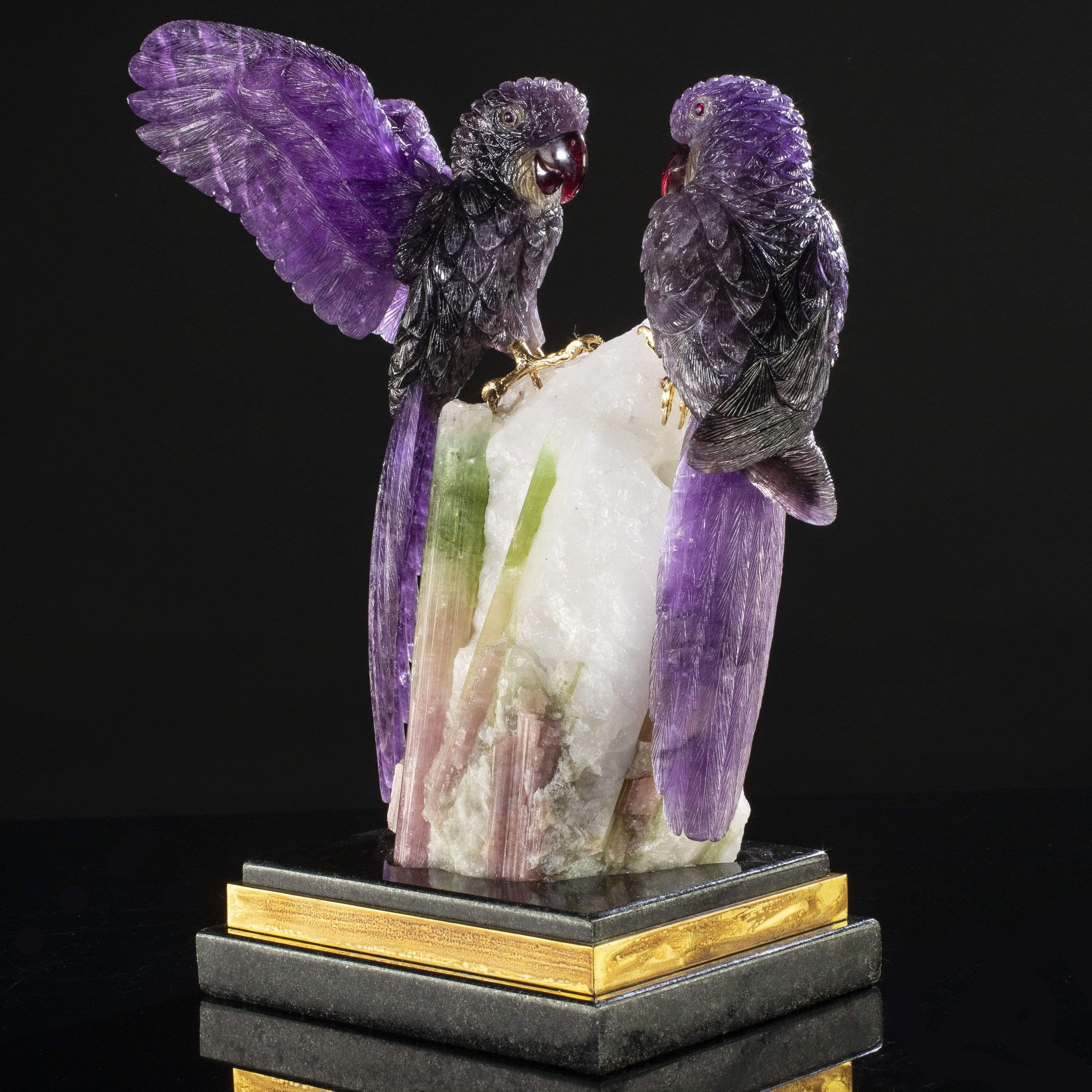 Kalifano Love Birds Carvings Amethyst Macaw Couple Love Birds Carving on Watermelon Tourmaline Base LB.72000.001