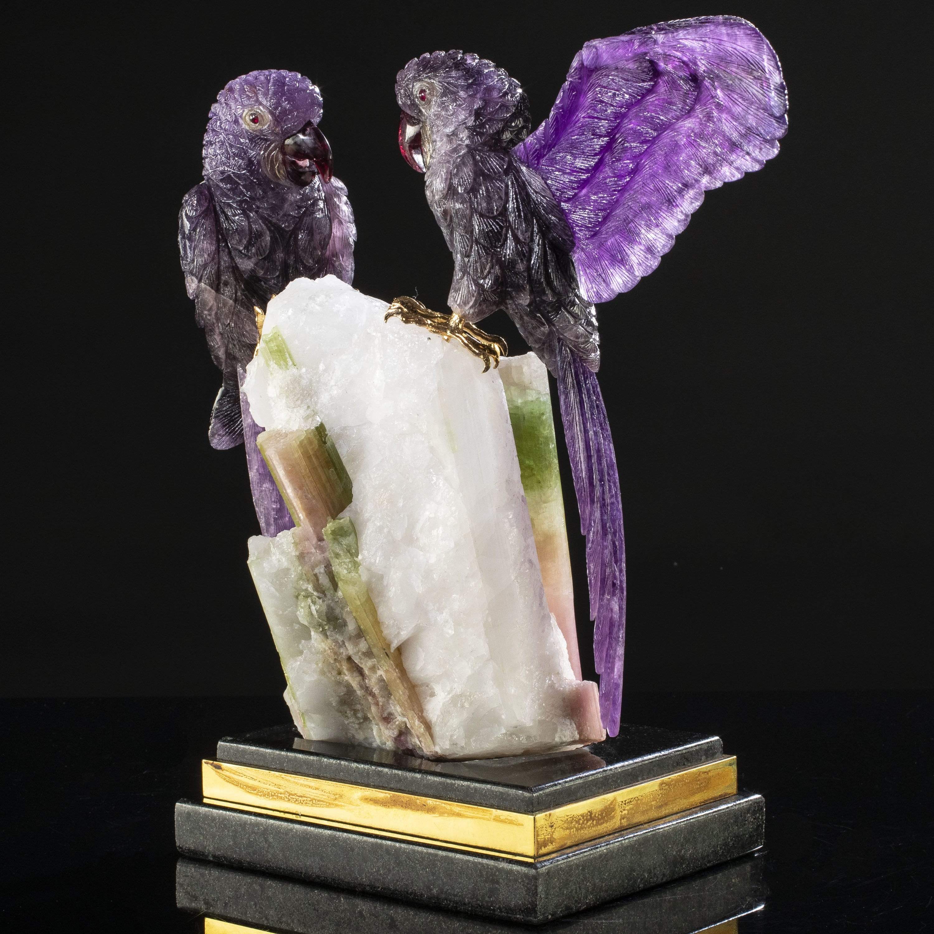 Kalifano Love Birds Carvings Amethyst Macaw Couple Love Birds Carving on Watermelon Tourmaline Base LB.72000.001