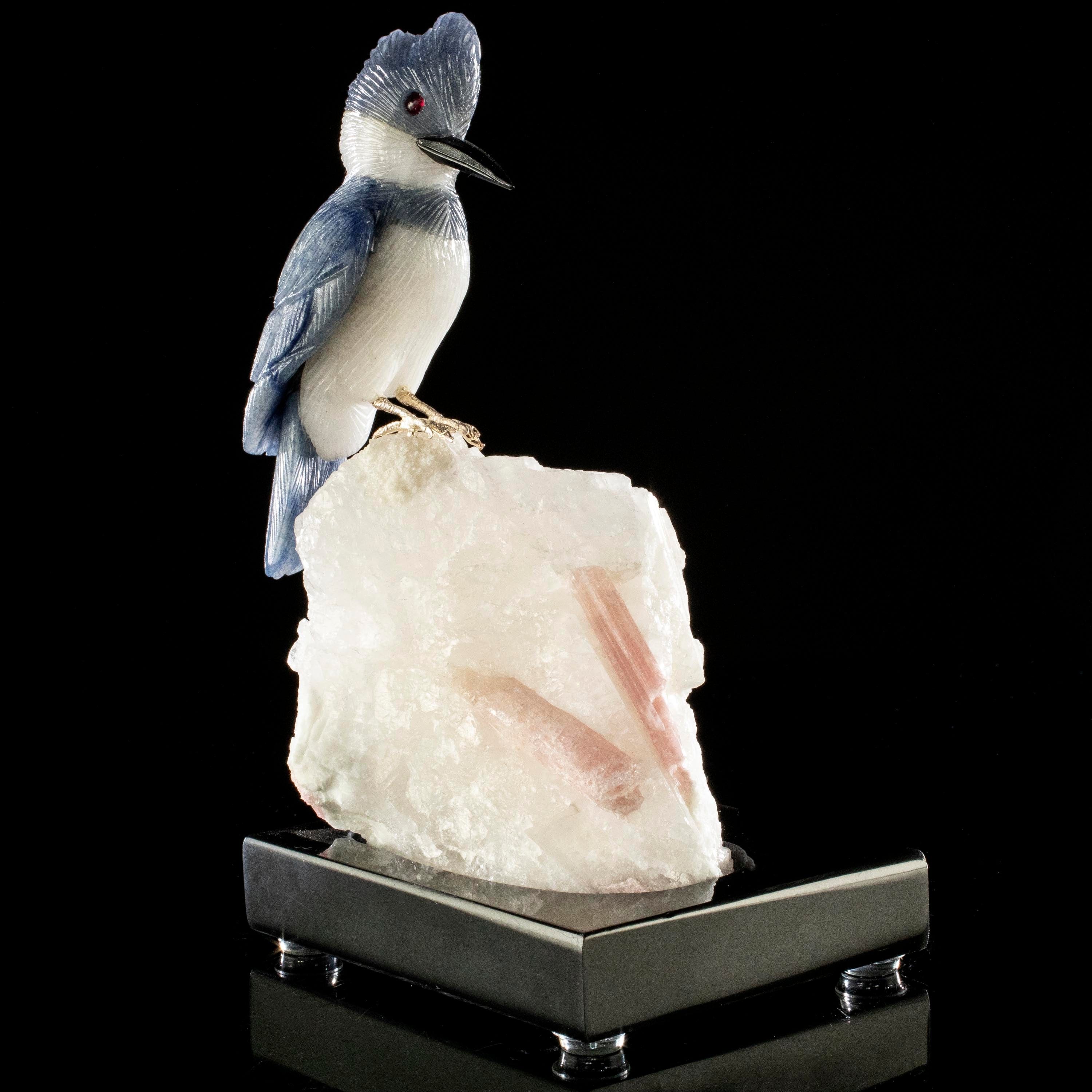 Kalifano Love Birds Carvings Dumortuorite Belted Kingfisher Love Birds Carving on Watermelon Tourmaline Base LB.A112.006