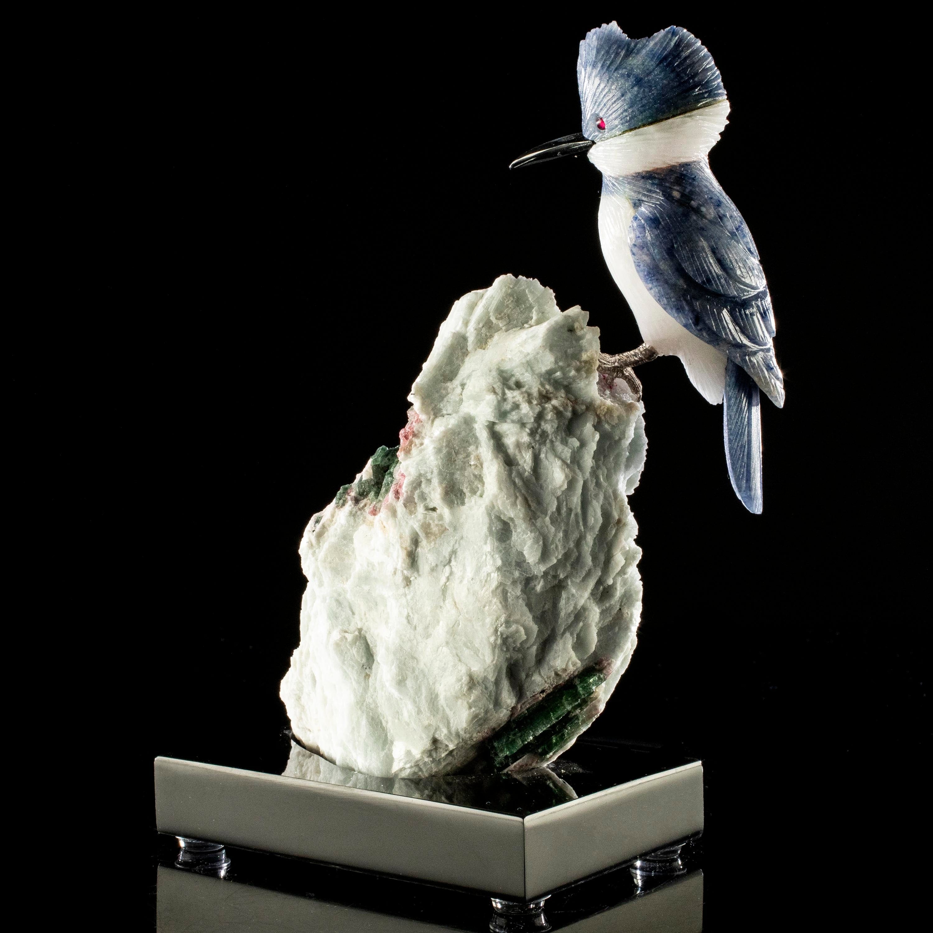 Kalifano Love Birds Carvings Dumortuorite Belted Kingfisher Love Birds Carving on Watermelon Tourmaline Base LB.A112.007