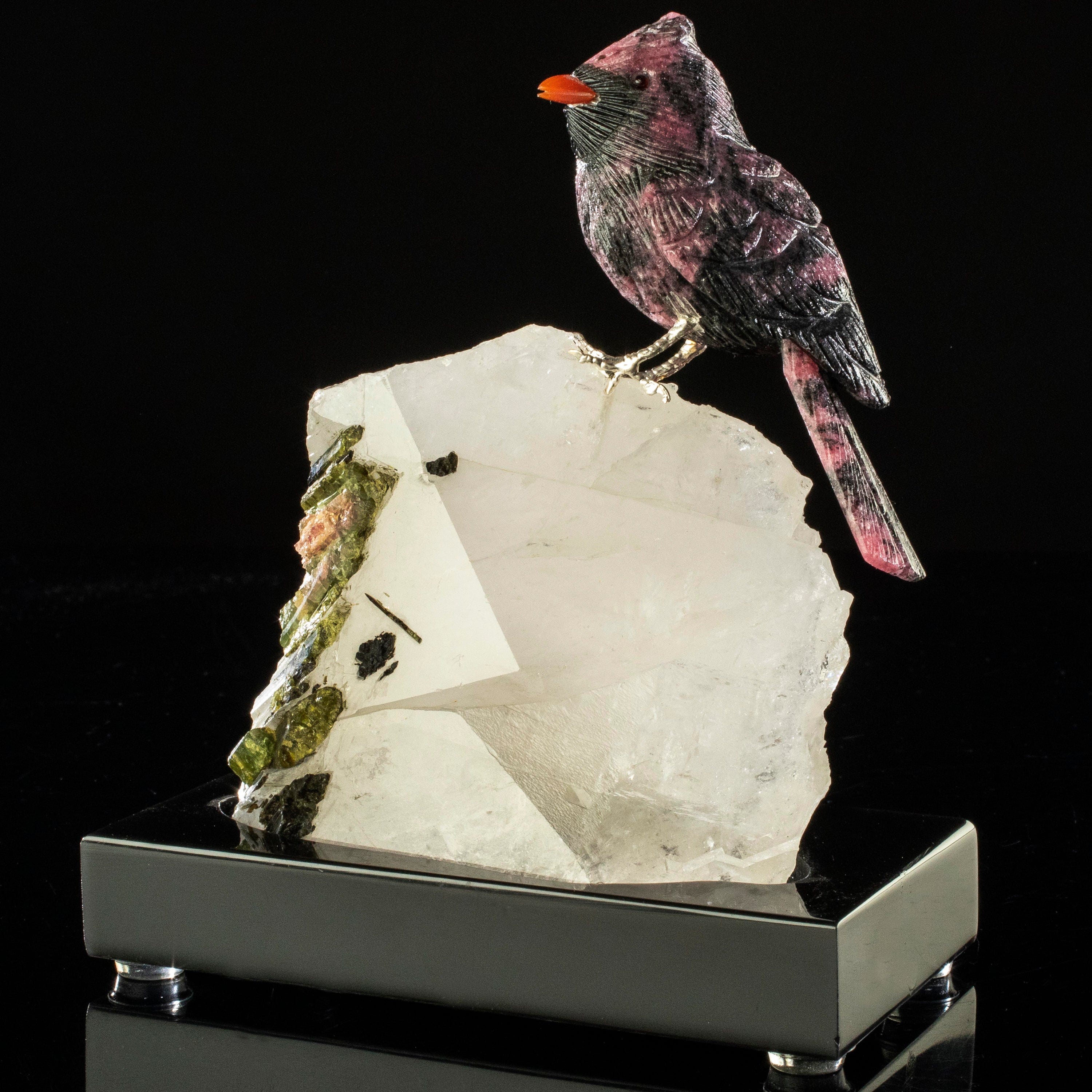 Kalifano Love Birds Carvings Rhodonite Cardinal Love Birds Carving on Watermelon Tourmaline Base LB.A123.007