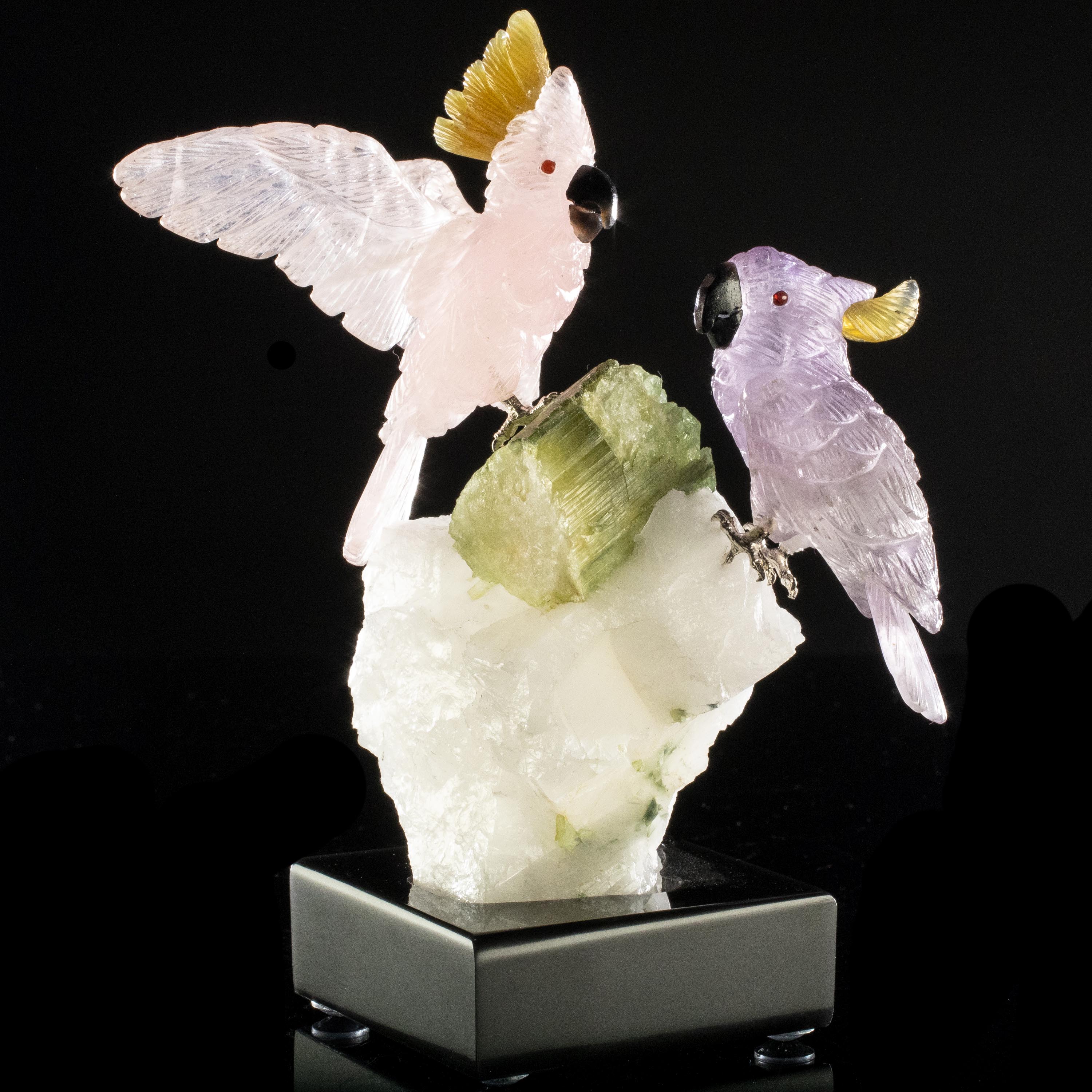 Kalifano Love Birds Carvings Rose Quartz and Amethyst Cockatoo Couple Love Birds Carving on Tourmaline Base LB.C405.010
