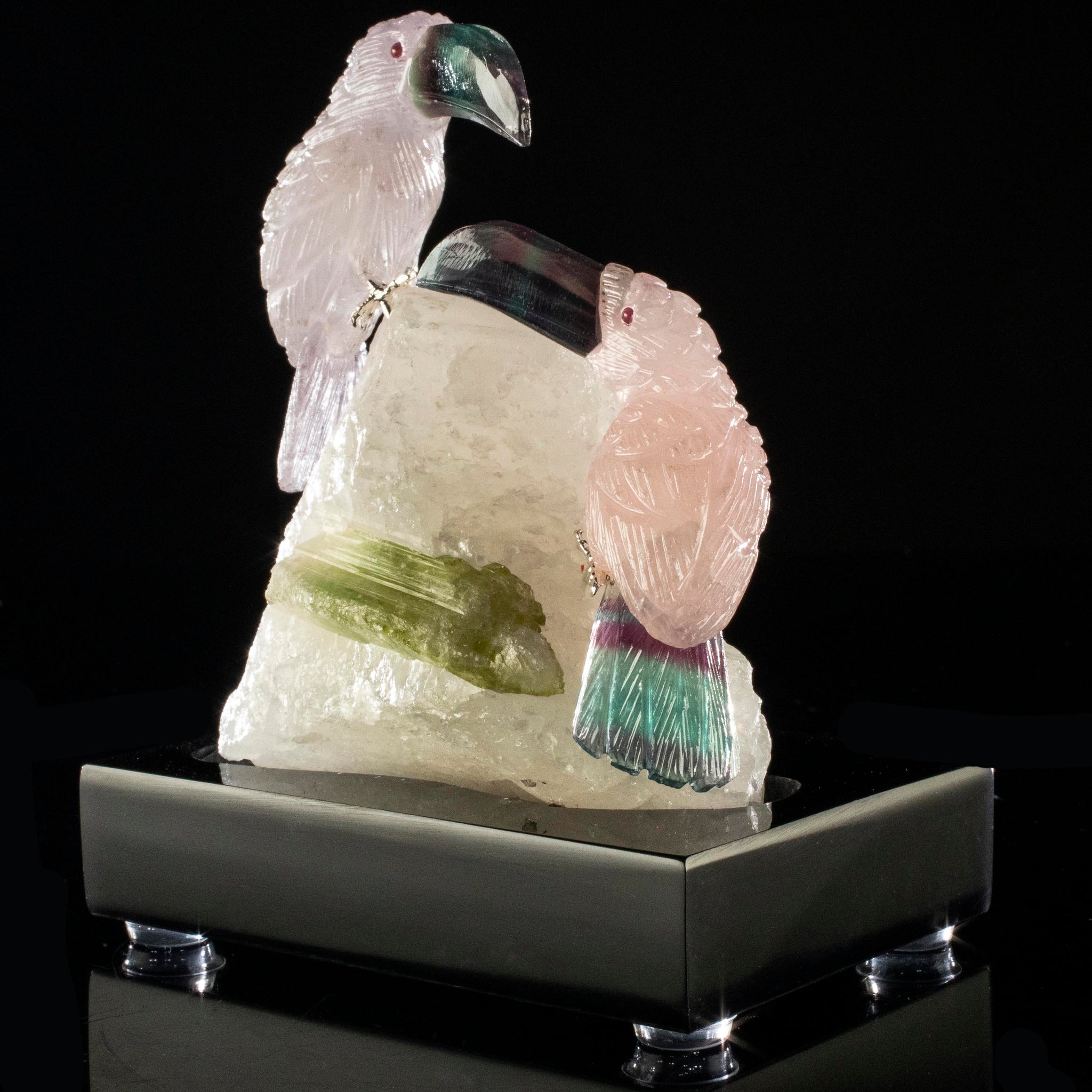 Rose Quartz And Amethyst Toucan Carving On Tourmaline Base Peter Muller