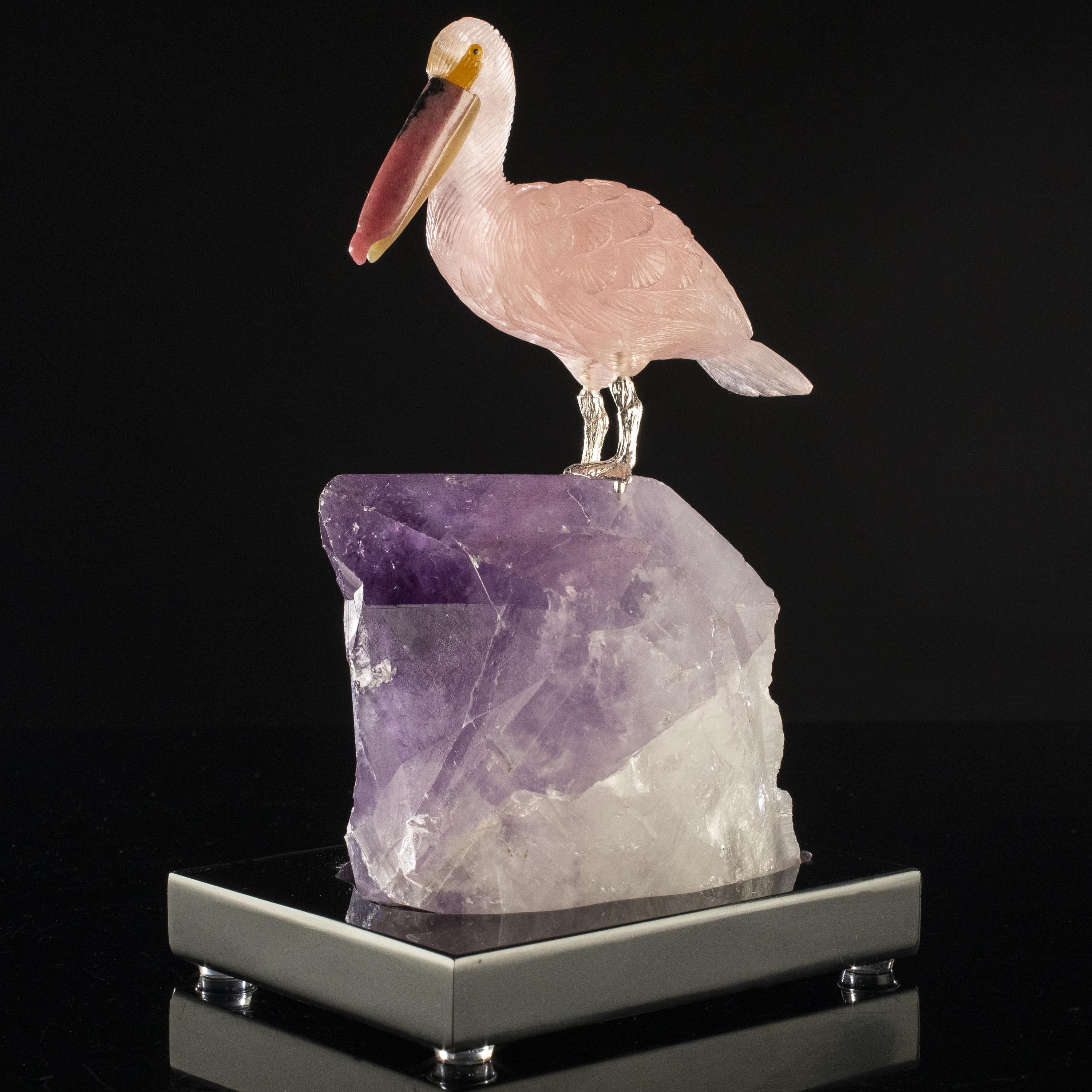 Kalifano Love Birds Carvings Rose Quartz Pelican Love Birds Carving on Amethyst Point Base LB.A107.005