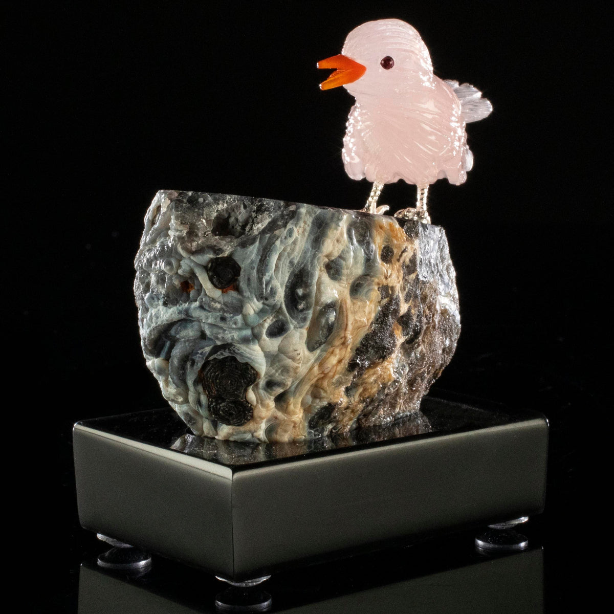 Kalifano Love Birds Carvings Rose Quartz Sparrow Love Birds Carving on Agate Base LB.C104.013