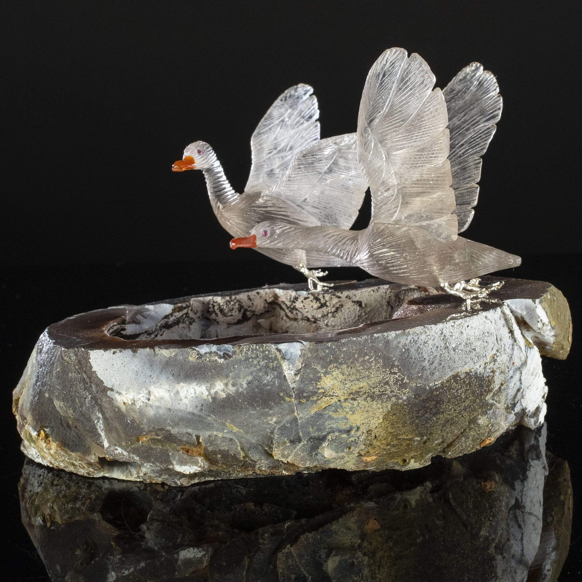 Kalifano Love Birds Carvings Smoky Quartz Goose Couple Love Birds Carving on Agate Geode Base LB.A238.002