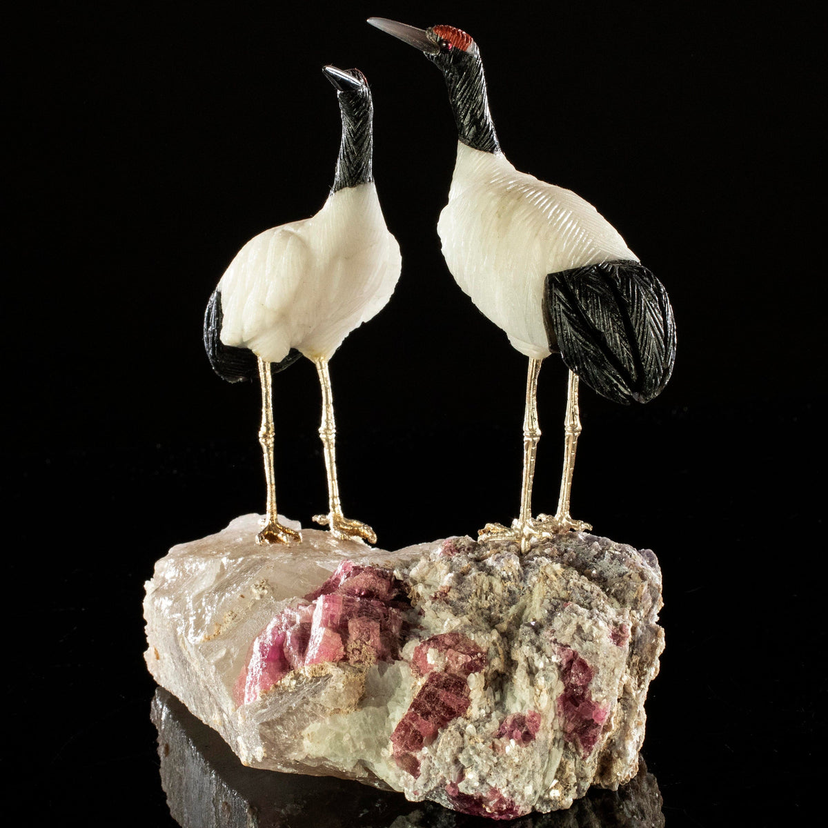 Kalifano Love Birds Carvings White Quartz and Obsidian Stork Couple Love Birds Carving on Rubellite Base LB.A243.001