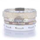 Multiple Layer Mosaic Crystal Leather Strand Bracelet White With Magnetic Clasp