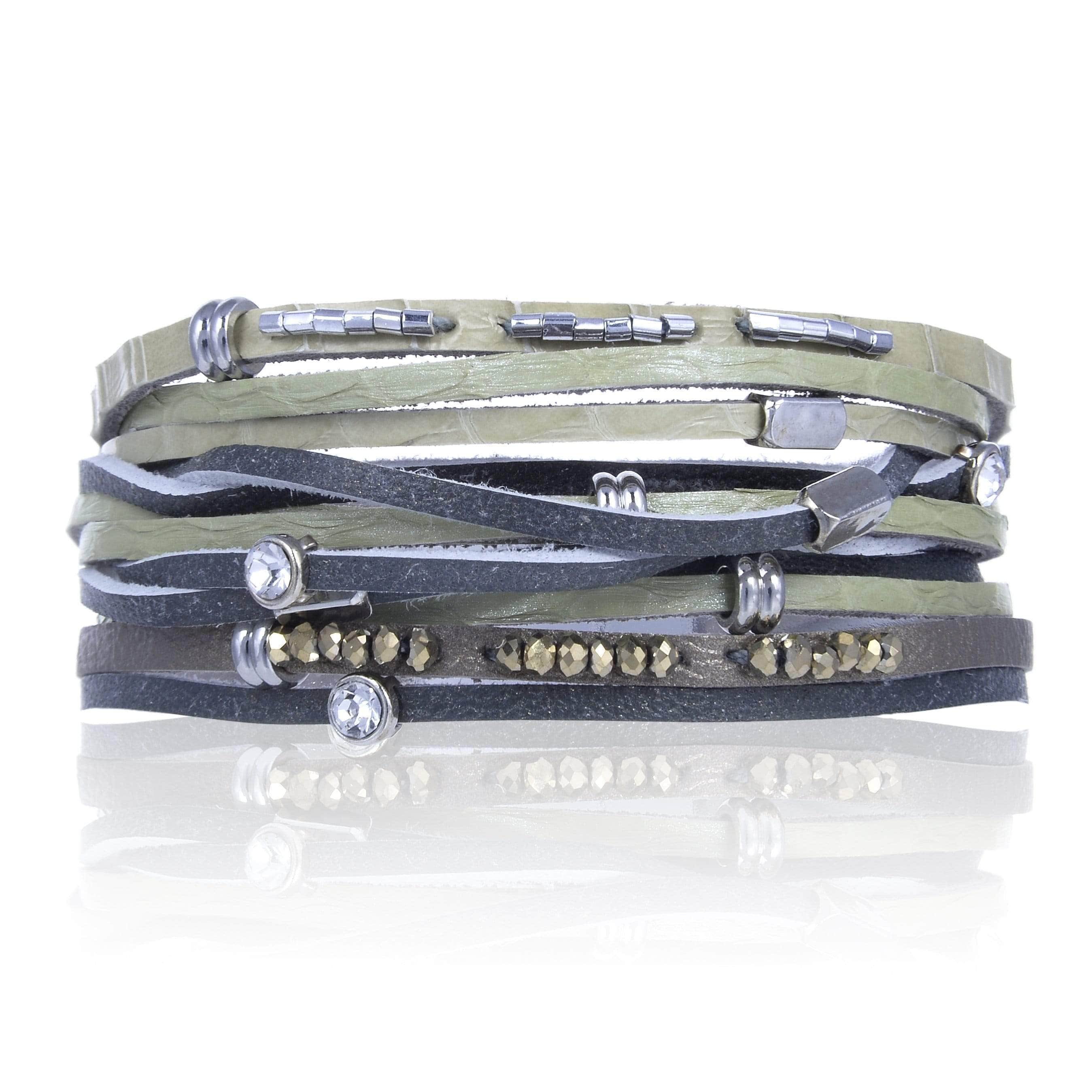 Kalifano Multiwrap Bracelets Multiple Leather Strand Bracelet Green With Magnetic Clasp BMW-05-GN
