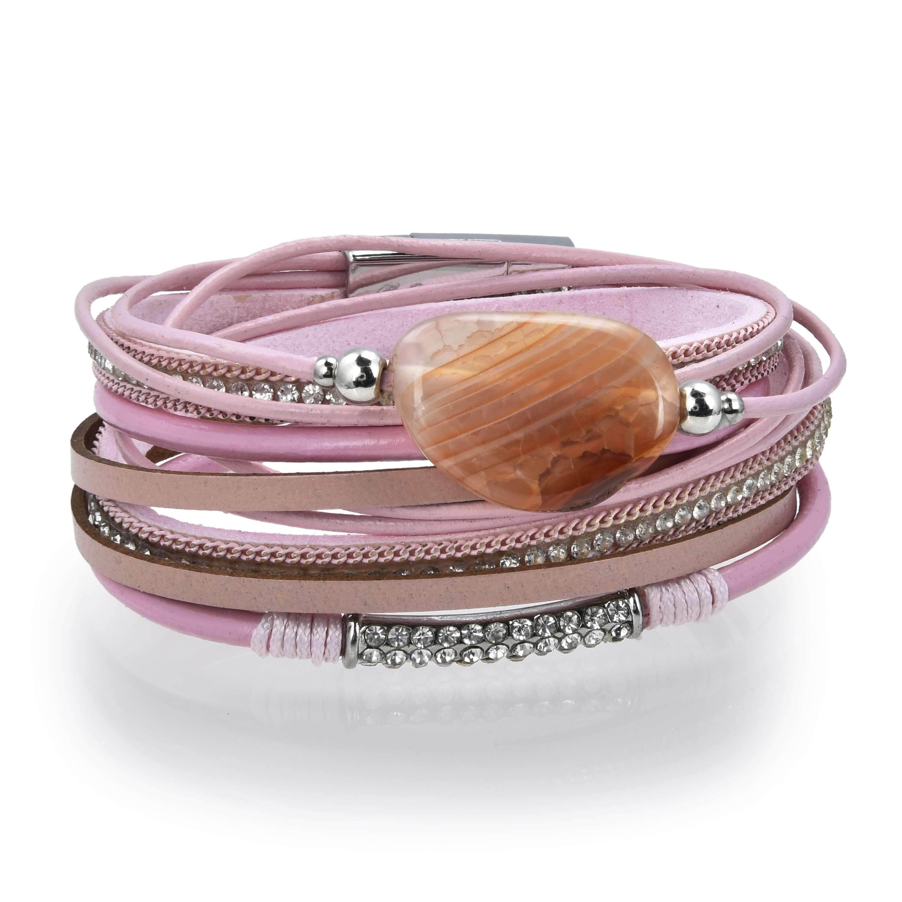 Kalifano Multiwrap Bracelets Multiple Strand Bracelet Quartz Gemstone Pink With Magnetic Clasp BMW-26-PK