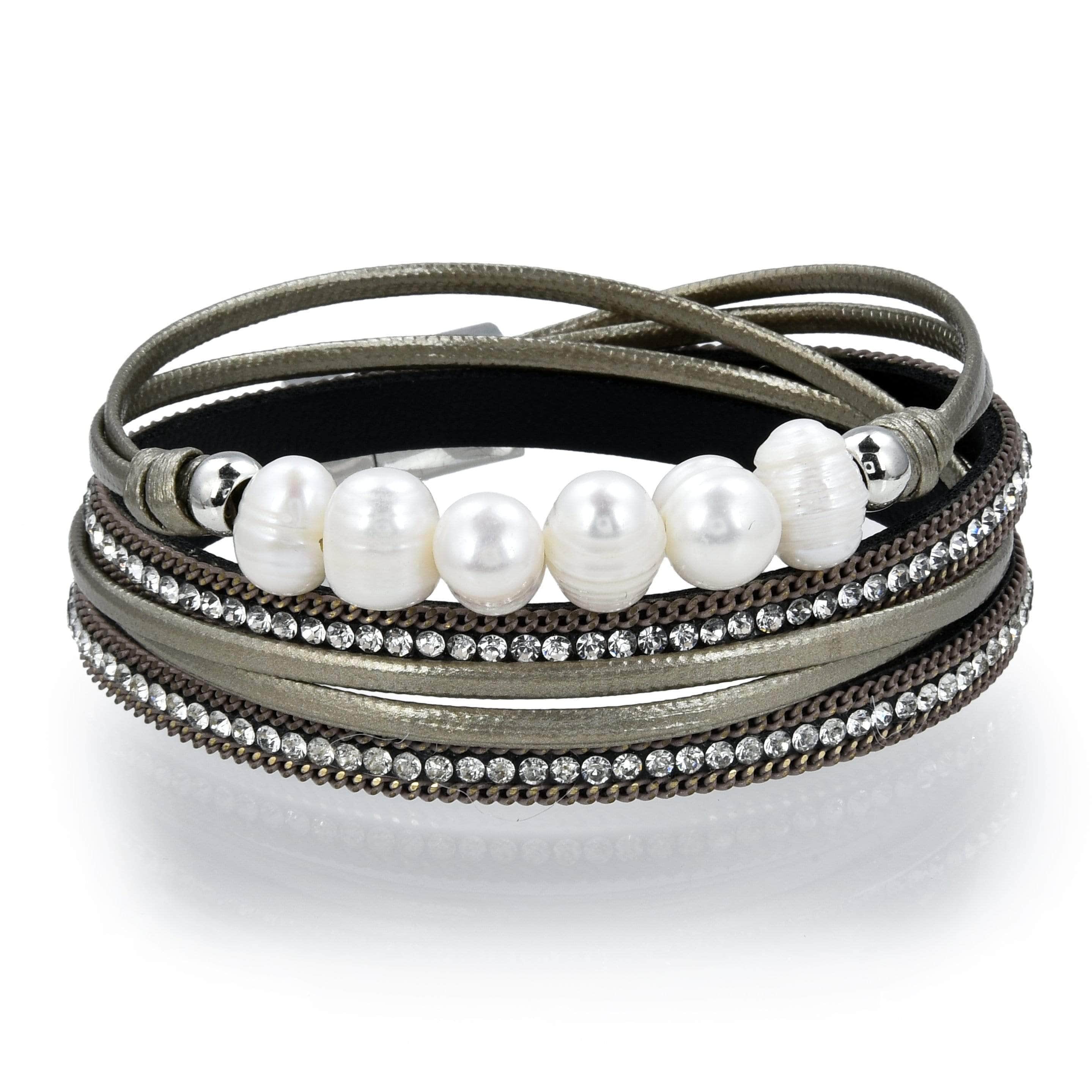 Kalifano Multiwrap Bracelets Multiple Strand Pearl and Diamonds Brown Bracelet with Magnetic Clasp BMW-20-GN2