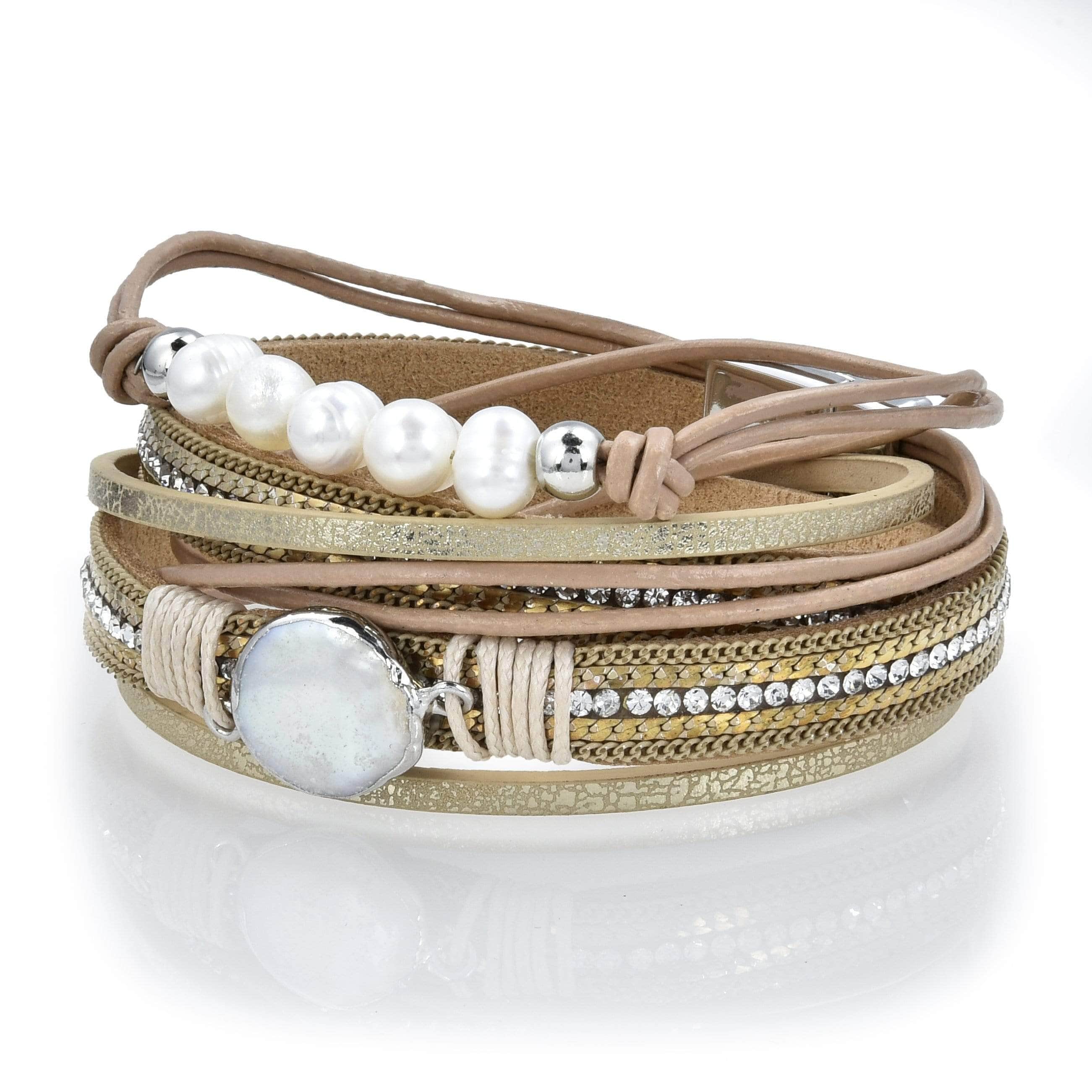 Kalifano Multiwrap Bracelets Multiple Strand Pearl, Gold and Diamonds Gold Bracelet with Magnetic Clasp BMW-21-GD