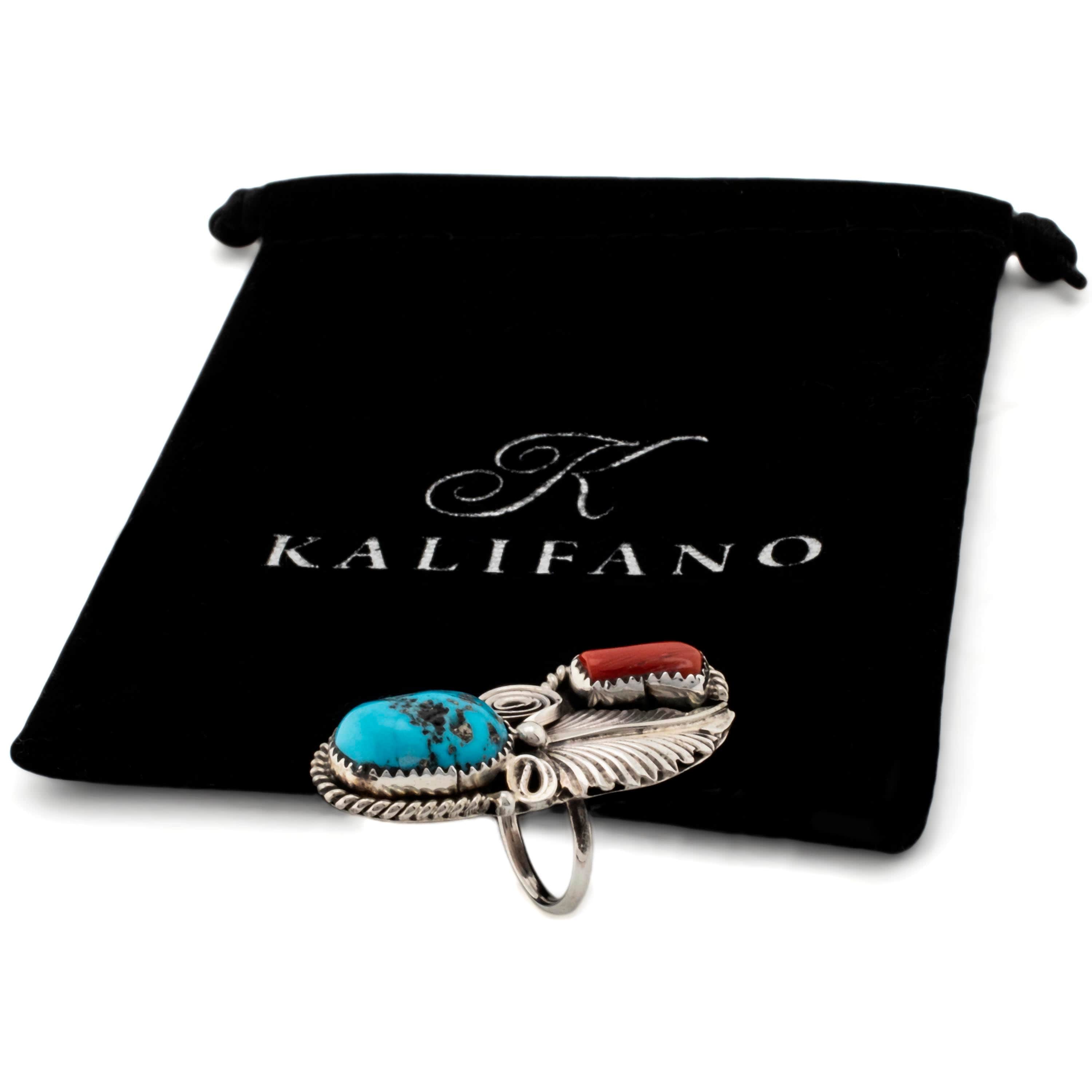 Kalifano Native American Jewelry 5 Mike Thomas Jr. Kingman Turquoise and Coral Navajo USA Native American Made 925 Sterling Silver Ring NAR800.024.5
