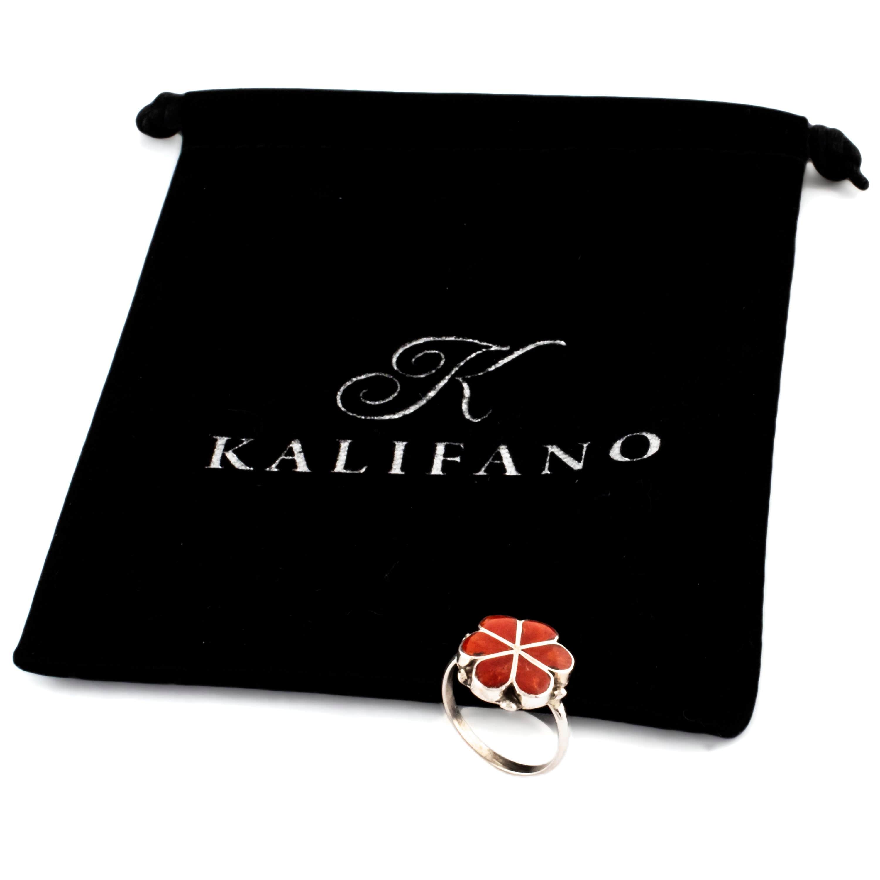 Kalifano Native American Jewelry 6.5 Bernadette Hattie Zuni Coral Flower Inlay USA Native American Made 925 Sterling Silver Ring NAR250.008.65