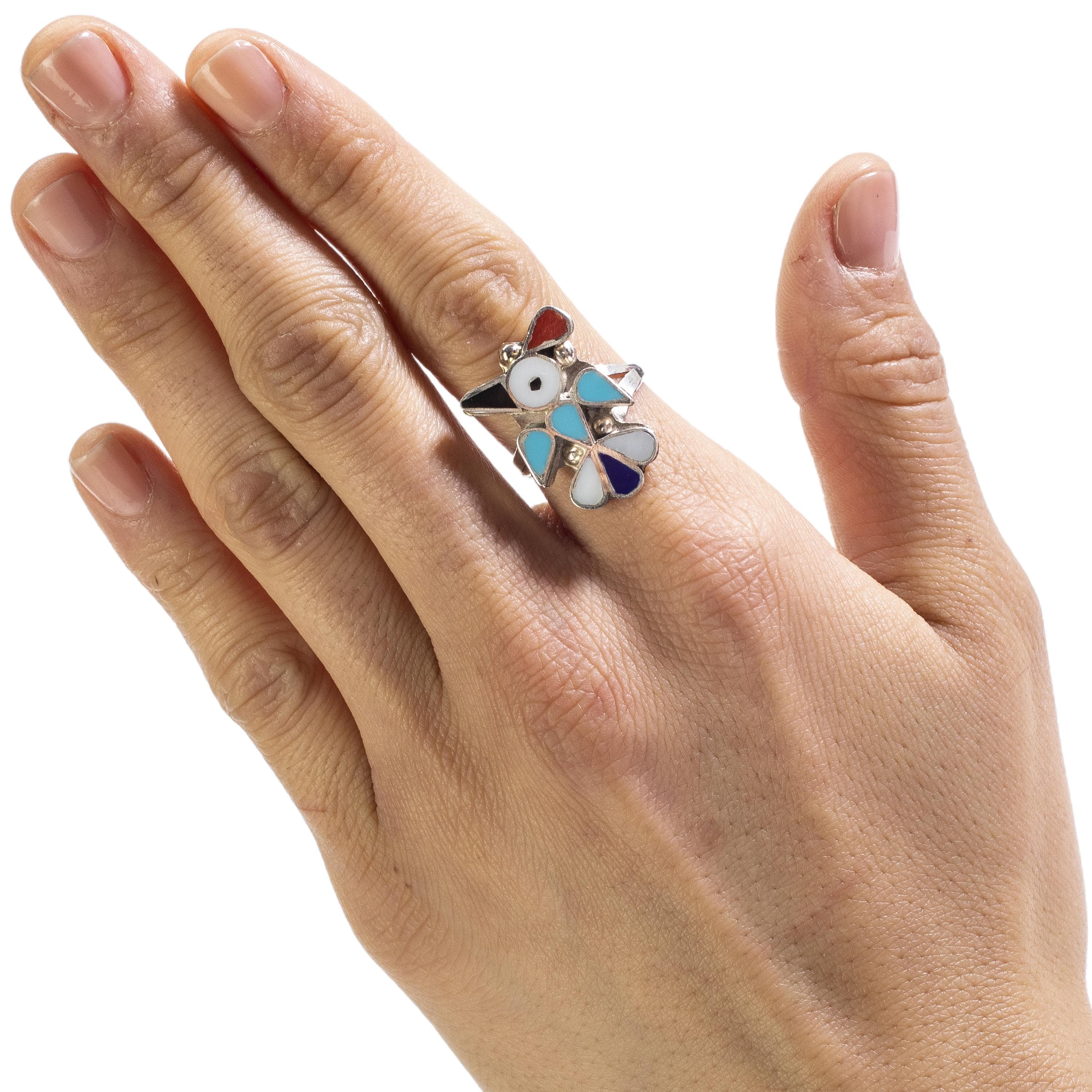 Kalifano Native American Jewelry 6.5 Pino Yunie Zuni Peyote Bird with Mother of Pearl, Black Onyx, Coral, Lapis, and Turquoise USA Native American Made 925 Sterling Silver Ring NAR200.026.65
