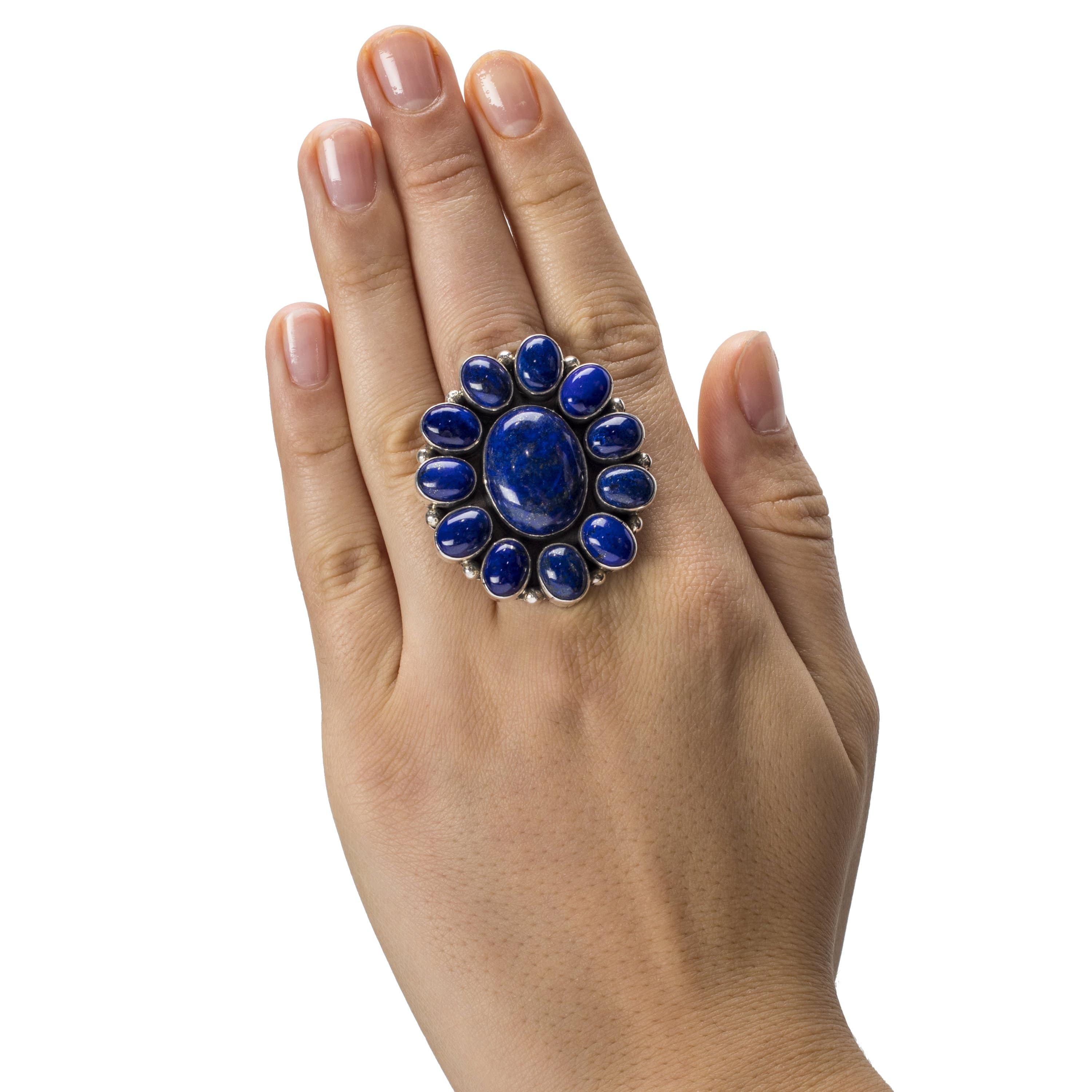 Kalifano Native American Jewelry 6 Paul Livingston Lapis Flower USA Native American Made 925 Sterling Silver Ring NAR1500.013.6
