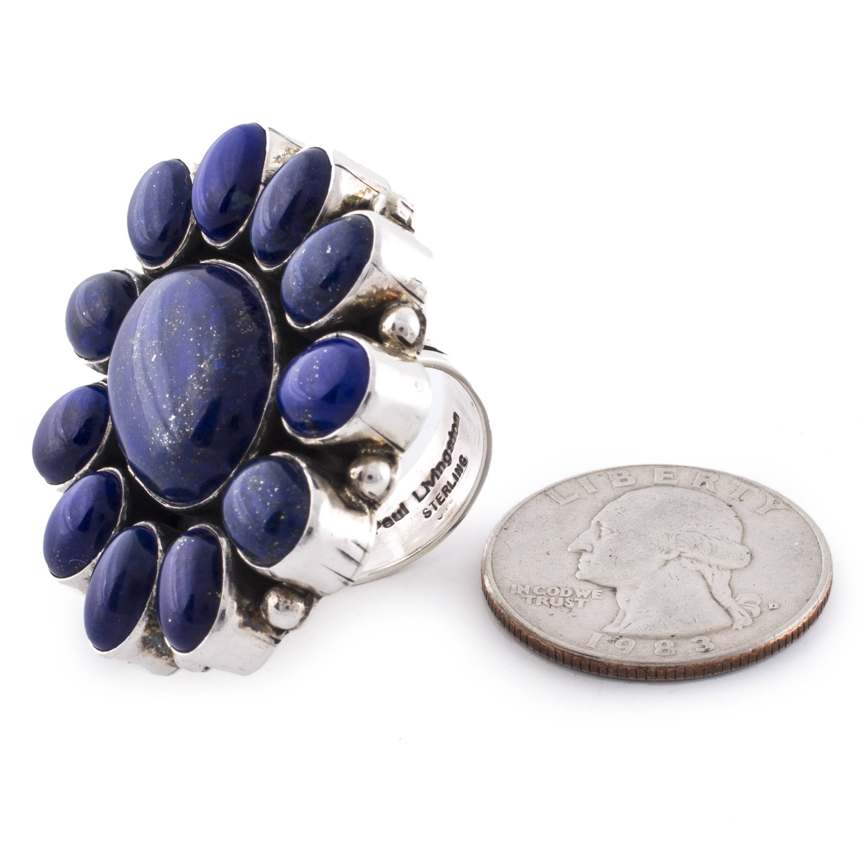 Kalifano Native American Jewelry 6 Paul Livingston Lapis Flower USA Native American Made 925 Sterling Silver Ring NAR1500.013.6