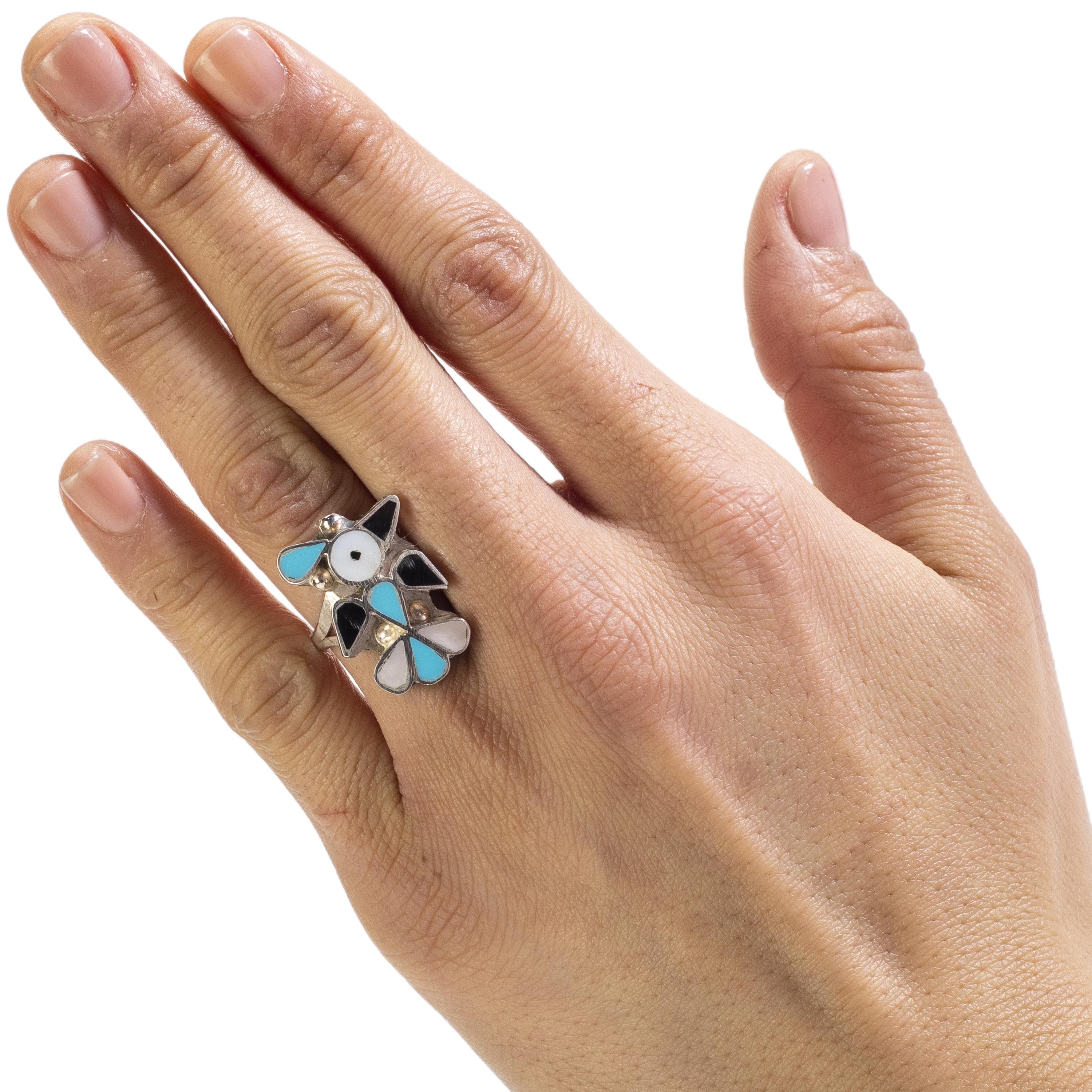 Kalifano Native American Jewelry 6 Pino Yunie Zuni Peyote Bird with Mother of Pearl, Black Onyx, and Turquoise USA Native American Made 925 Sterling Silver Ring NAR200.027.6