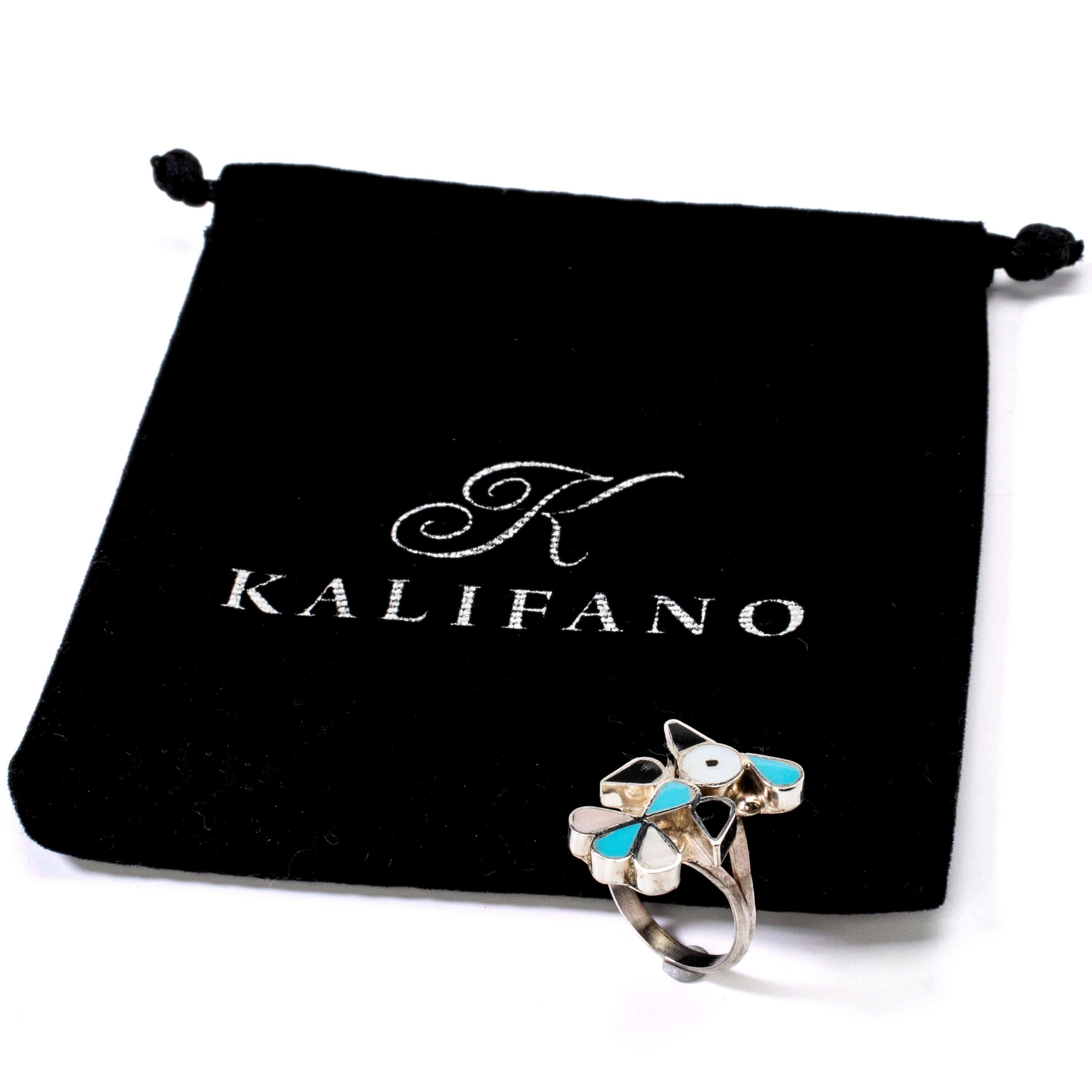 Kalifano Native American Jewelry 6 Pino Yunie Zuni Peyote Bird with Mother of Pearl, Black Onyx, and Turquoise USA Native American Made 925 Sterling Silver Ring NAR200.027.6