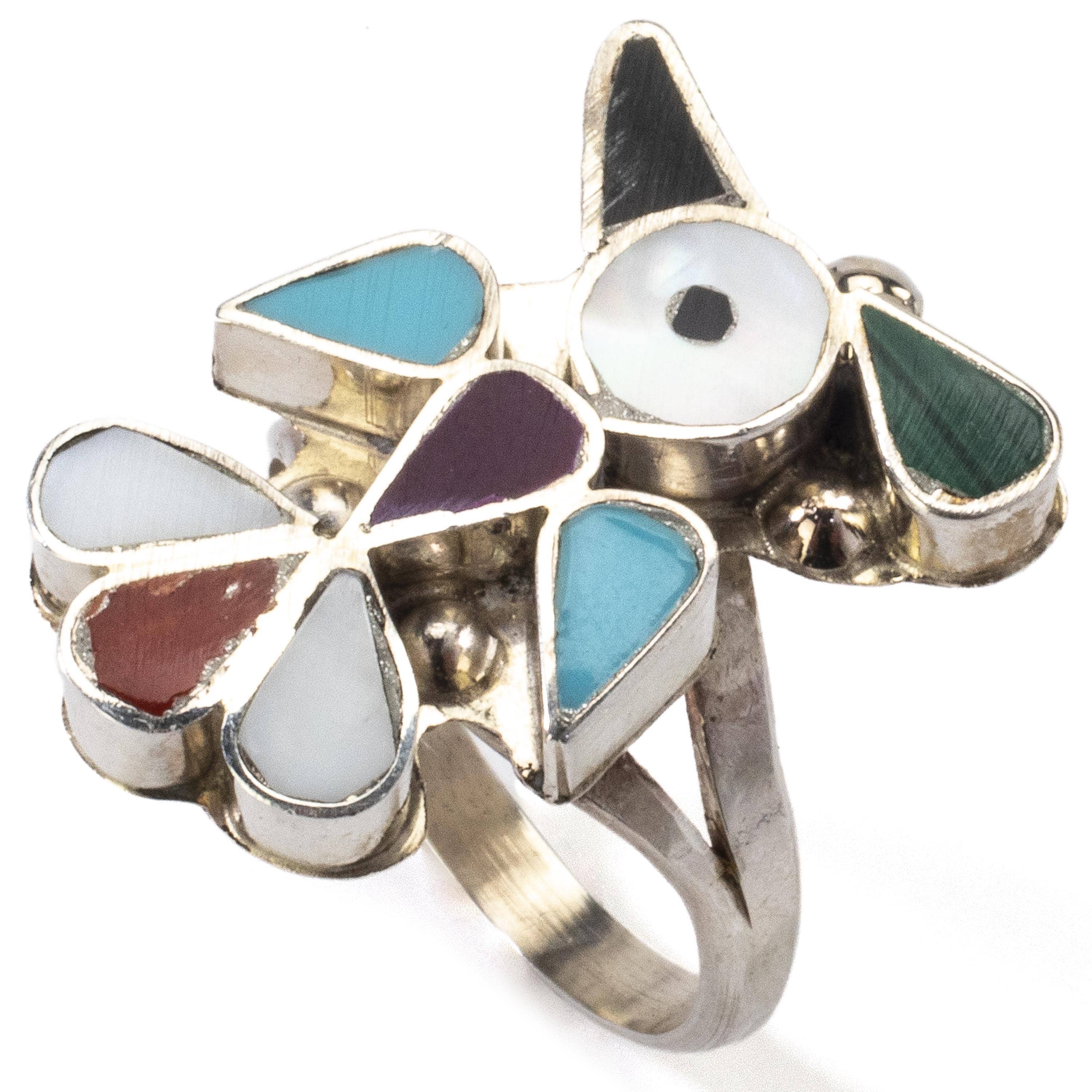 Kalifano Native American Jewelry 6 Pino Yunie Zuni Peyote Bird with Mother of Pearl, Black Onyx, Coral, Malachite, Purple Spiny Oyster Shell, & Turquoise USA Native American Made 925 Sterling Silver Ring NAR200.022.6