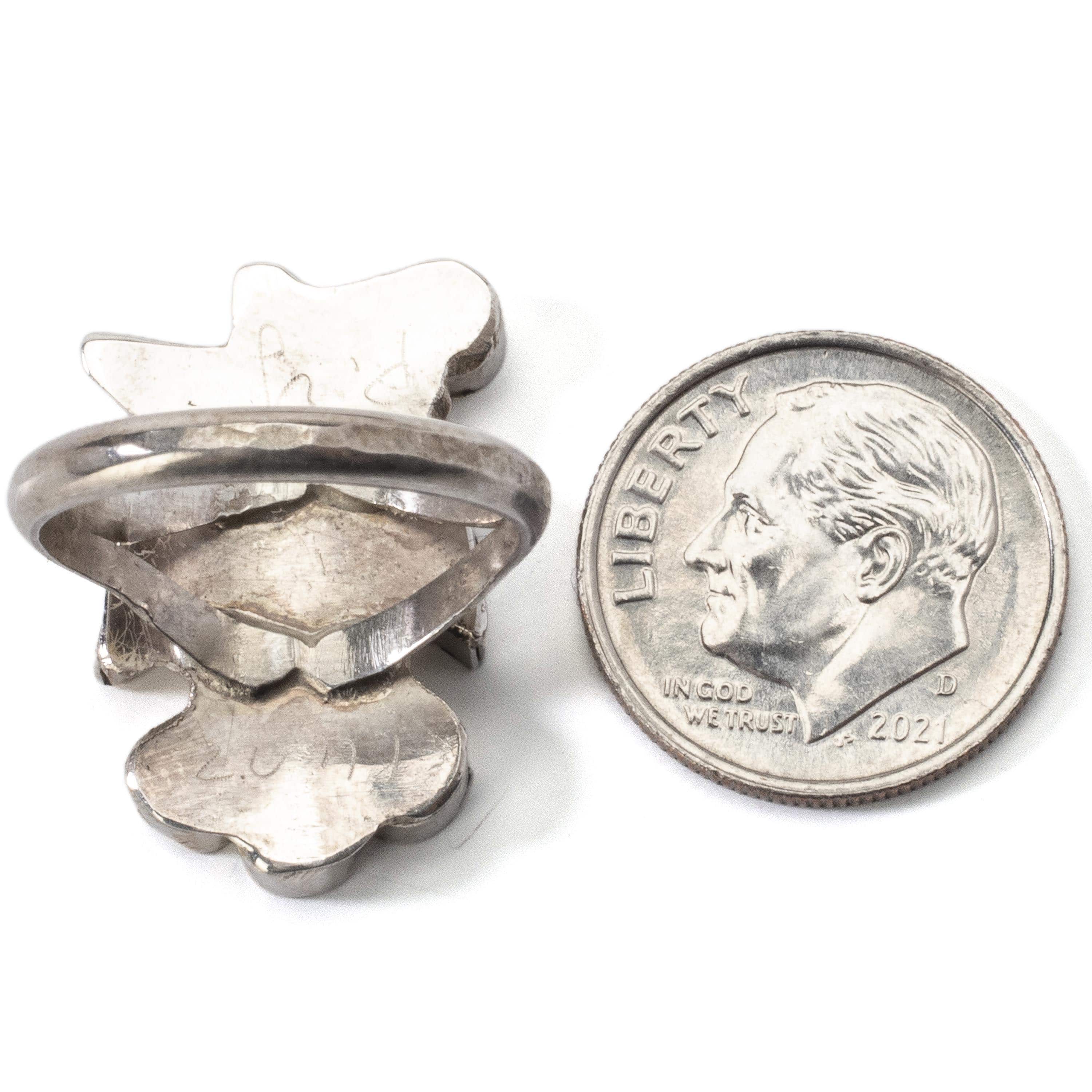 Kalifano Native American Jewelry 6 Pino Yunie Zuni Peyote Bird with Mother of Pearl, Black Onyx, Turquoise, and Coral USA Native American Made 925 Sterling Silver Ring NAR200.018.6