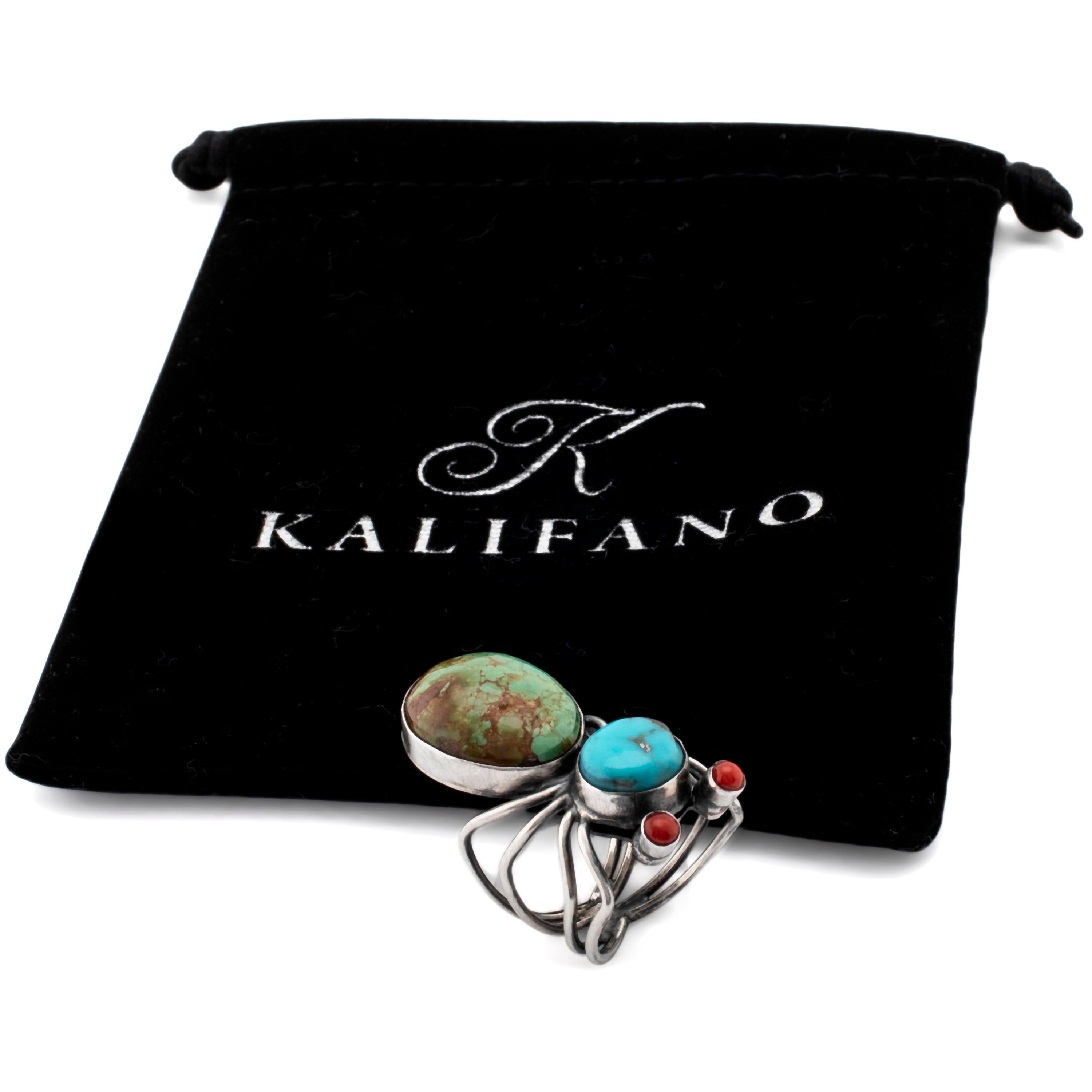 Kalifano Native American Jewelry 8 Herbert Ration Kingman Turquoise and Coral Spider USA Native American Made 925 Sterling Silver Ring NAR2400.005.8