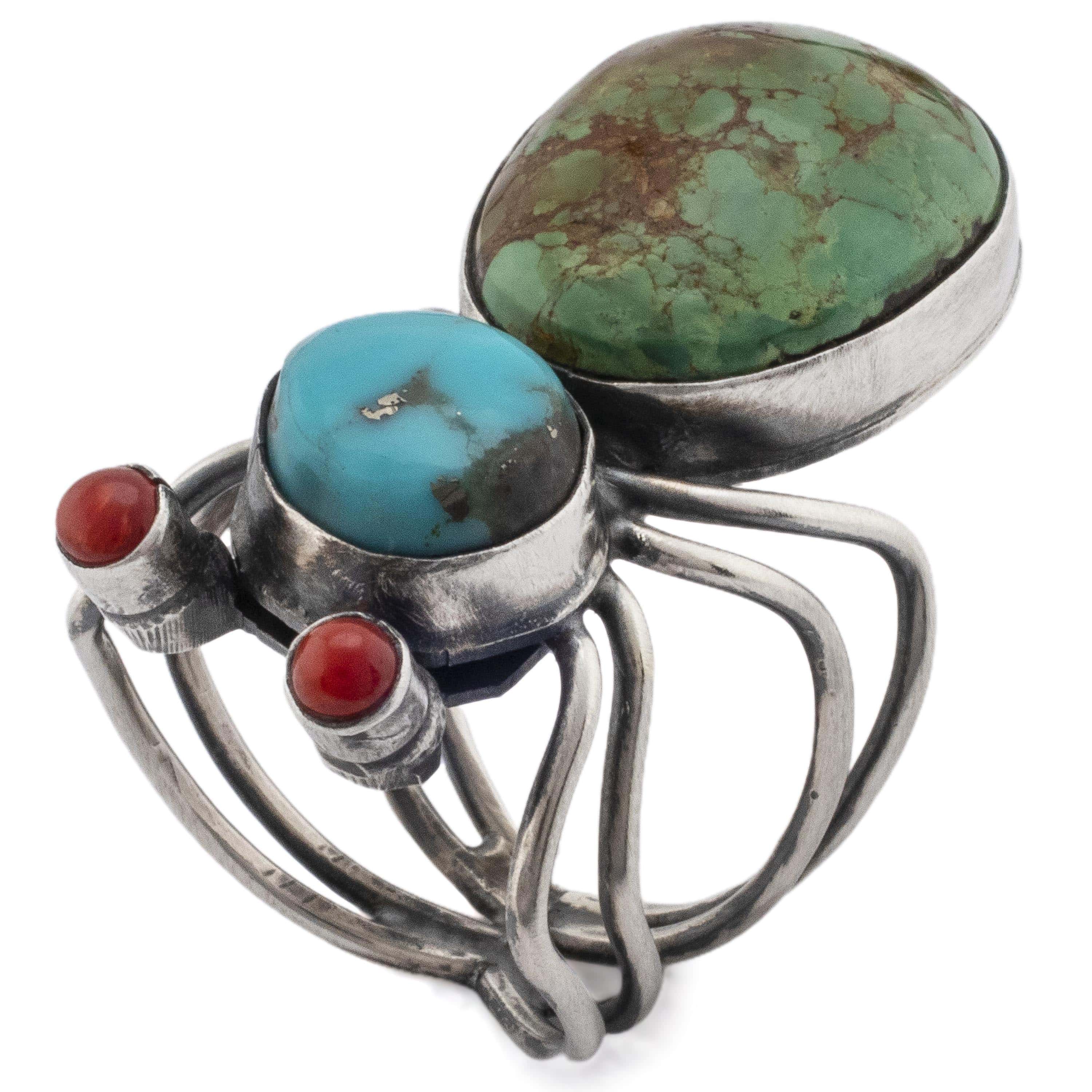 Kalifano Native American Jewelry 8 Herbert Ration Kingman Turquoise and Coral Spider USA Native American Made 925 Sterling Silver Ring NAR2400.005.8