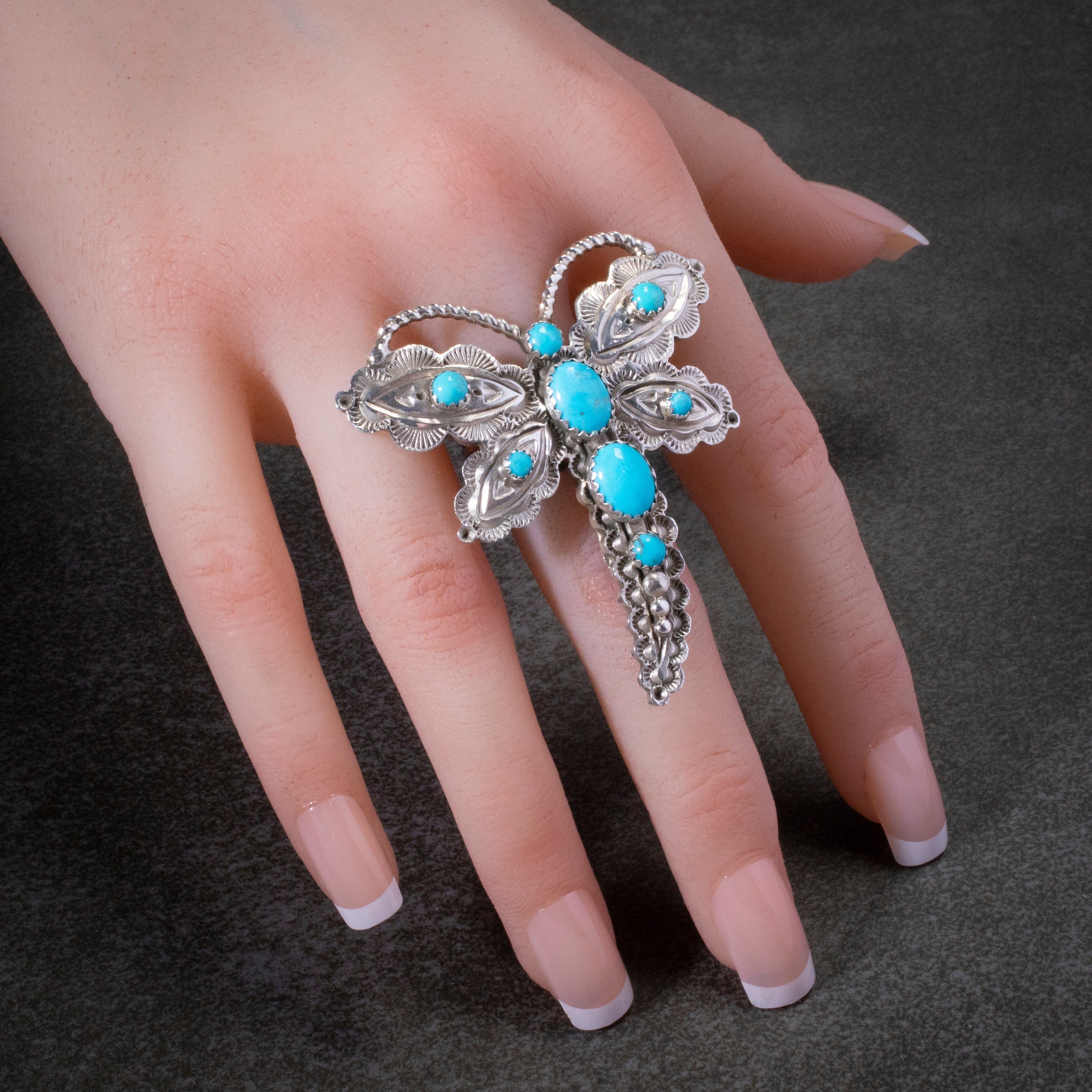 Kalifano Native American Jewelry 8 June Defauito Navajo Kingman Turquoise Dragonfly USA Native American Made 925 Sterling Silver Ring NAR2400.011.8