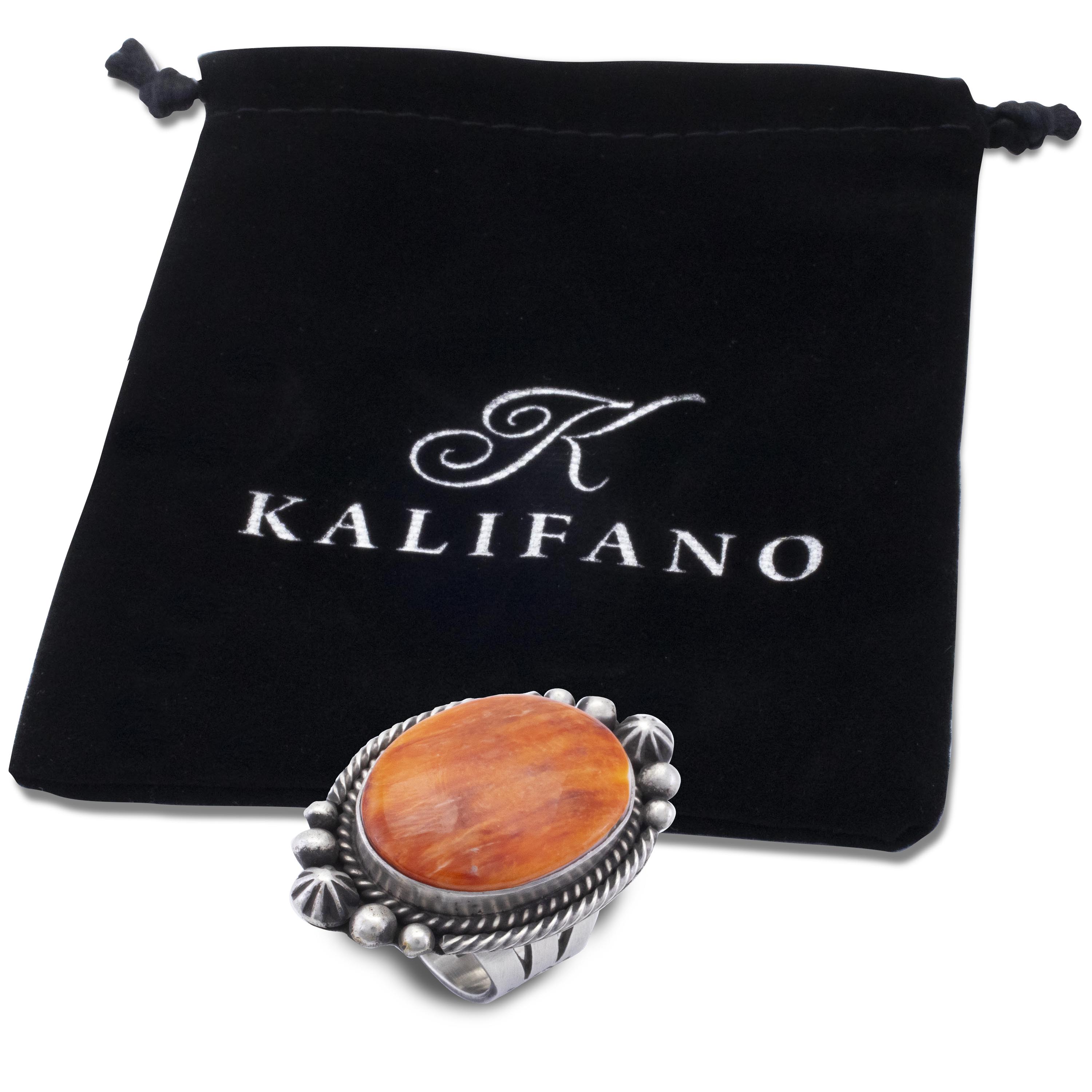 Kalifano Native American Jewelry 8 Randall Enditto Navajo Orange Spiny Oyster Shell USA Native American Made 925 Sterling Silver Ring NAR1200.038.8