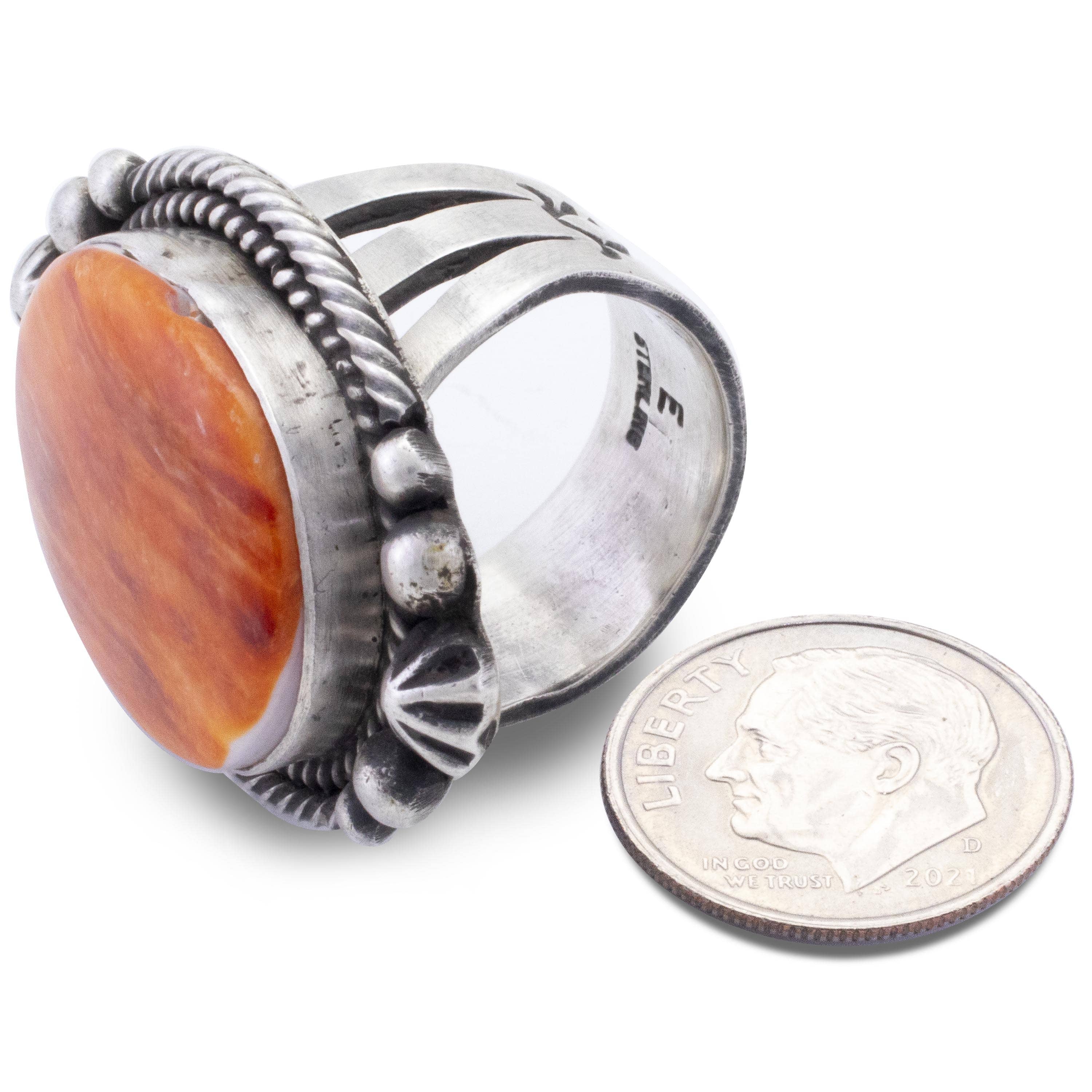 Kalifano Native American Jewelry 8 Randall Enditto Navajo Orange Spiny Oyster Shell USA Native American Made 925 Sterling Silver Ring NAR1200.038.8