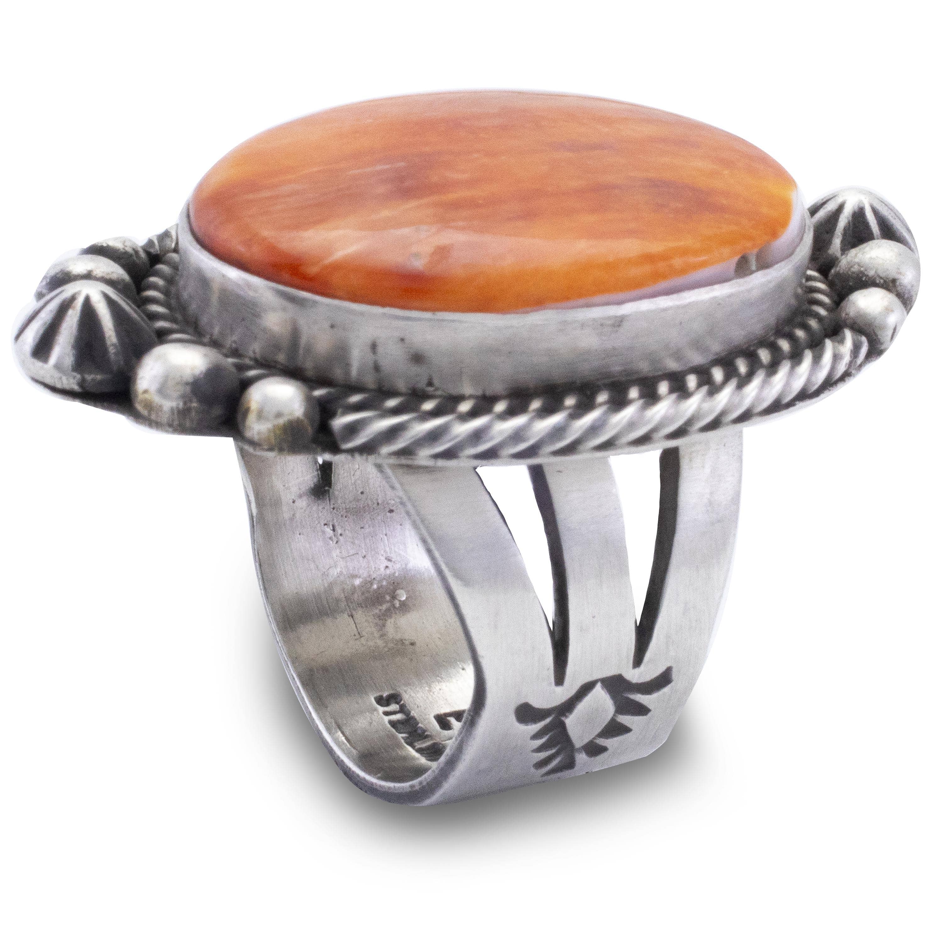 Kalifano Native American Jewelry 8 Randall Enditto Navajo Orange Spiny Oyster Shell USA Native American Made 925 Sterling Silver Ring NAR1200.038.8
