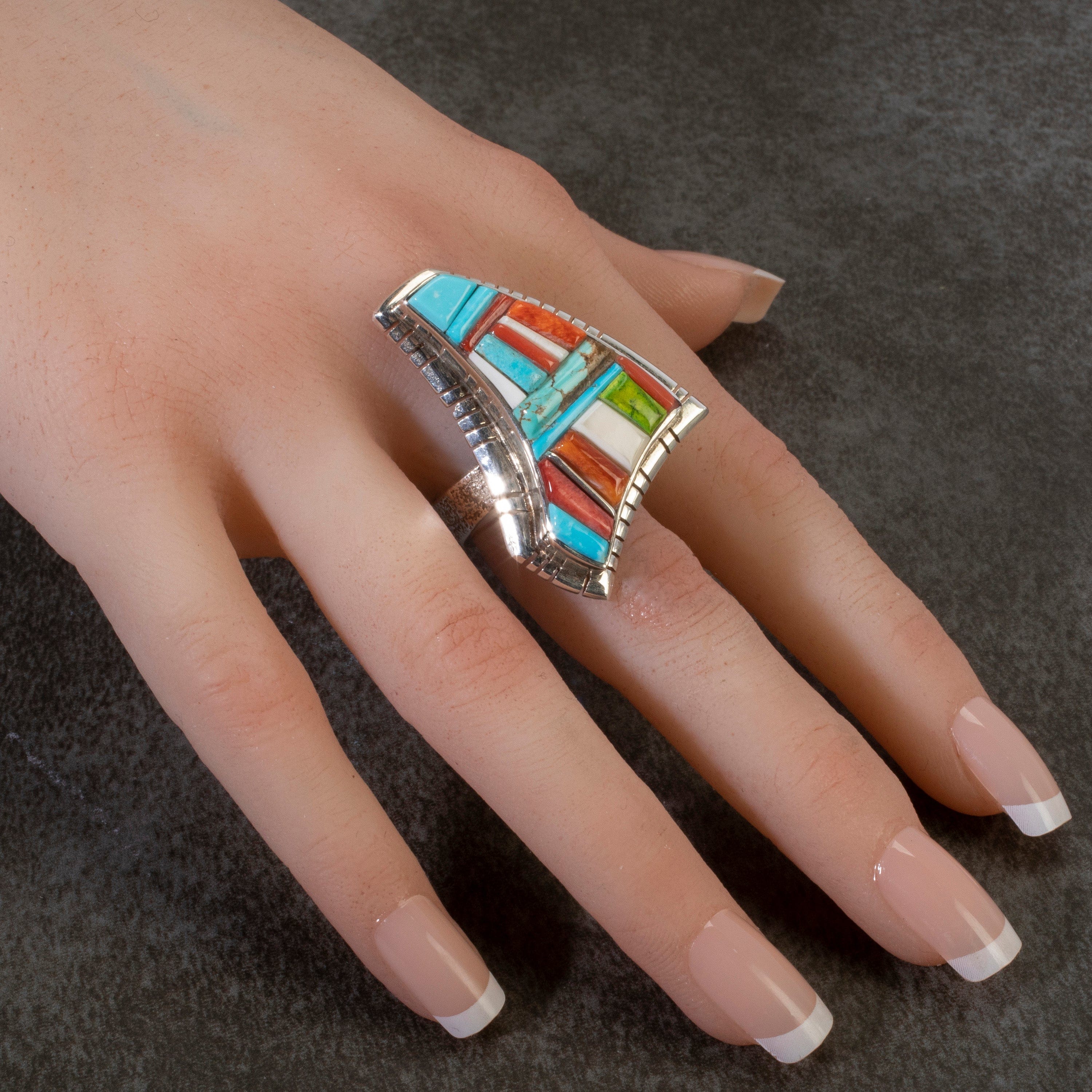 Kalifano Native American Jewelry 9 David Tune Navajo Sleeping Beauty Turquoise, Coral, Spiny Oyster Shell, and Gaspite USA Native American Made 925 Sterling Silver Ring NAR1800.017.9