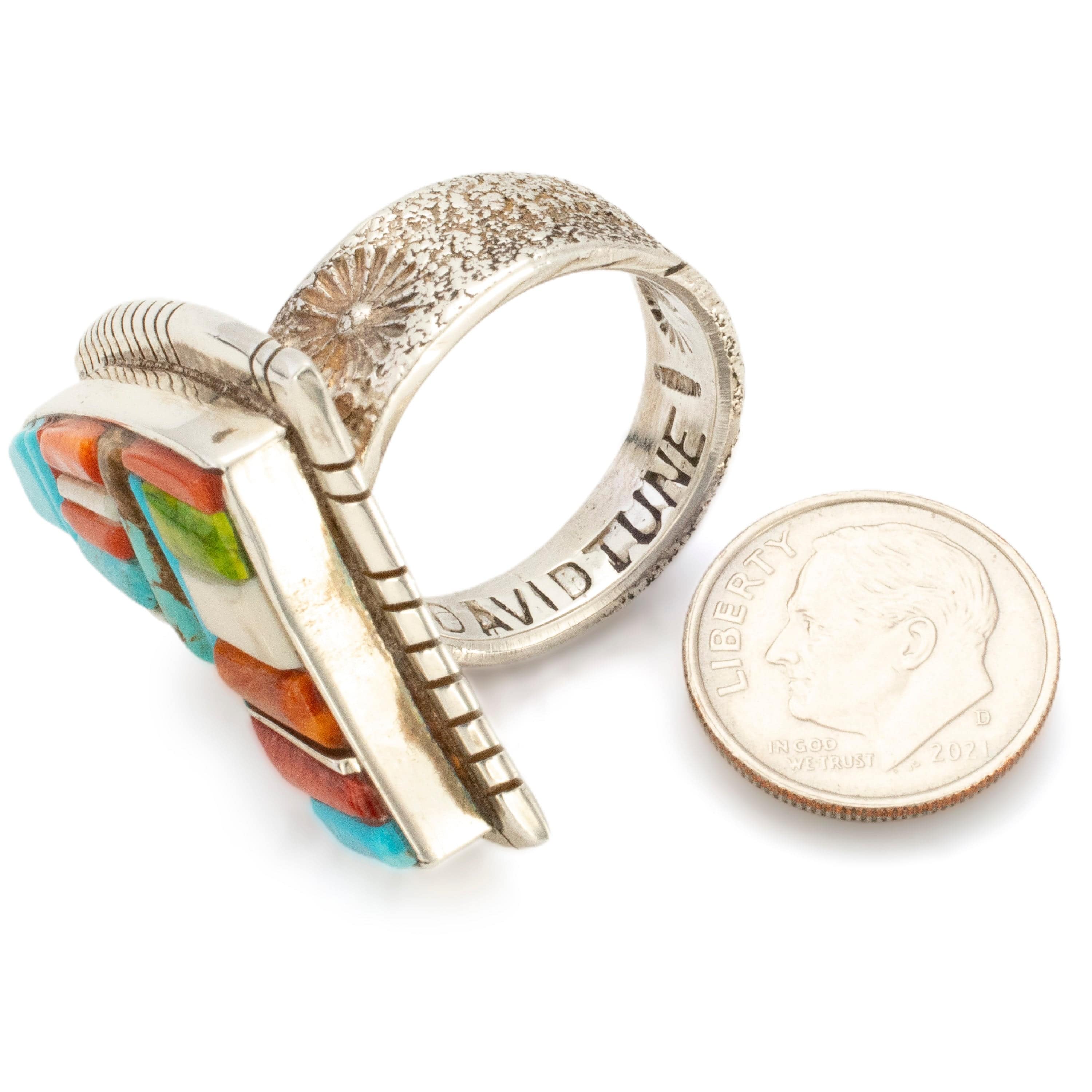 Kalifano Native American Jewelry 9 David Tune Navajo Sleeping Beauty Turquoise, Coral, Spiny Oyster Shell, and Gaspite USA Native American Made 925 Sterling Silver Ring NAR1800.017.9