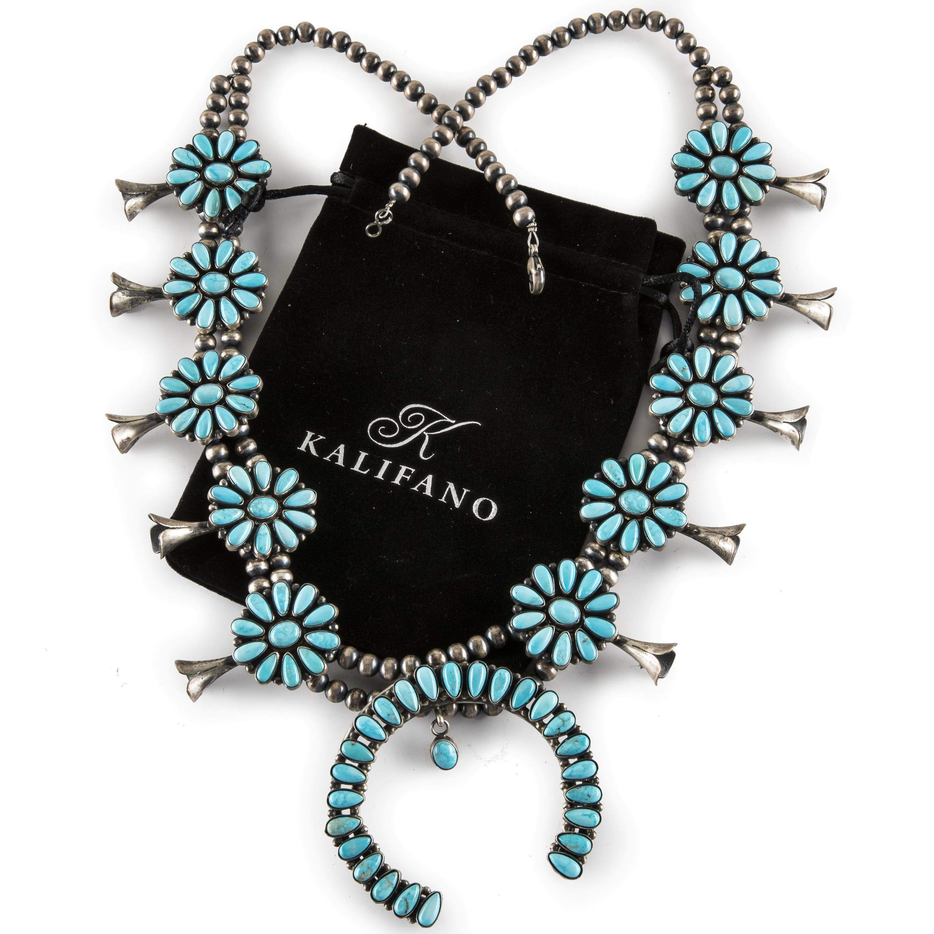 Kalifano Native American Jewelry Bea Tom Kingman Turquoise Squash Blossom USA Native American Made 925 Sterling Silver Necklace NAN15000.007