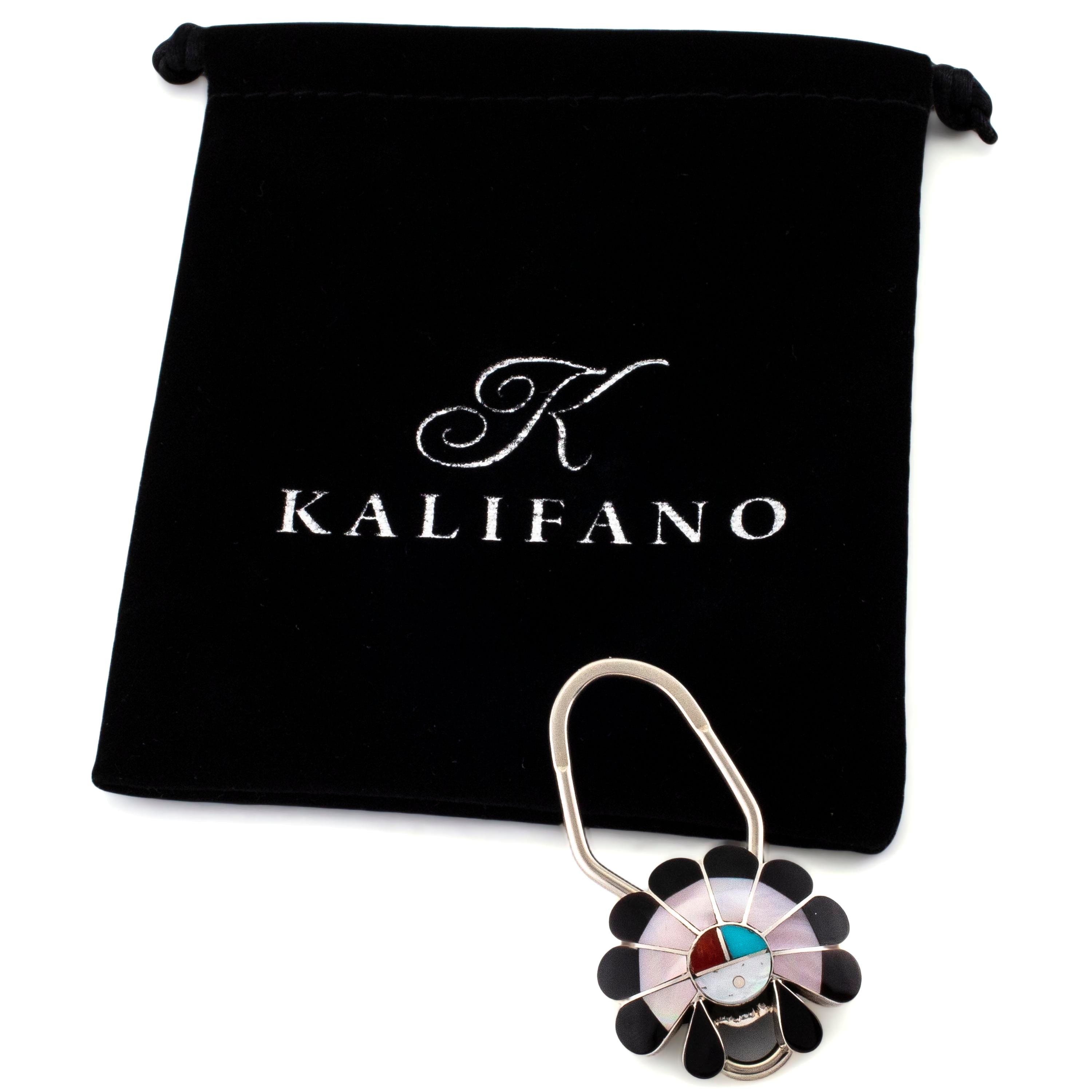 Kalifano Native American Jewelry Denise Siutza Zuni Sunface Pink Mother of Pearl and Black Onyx with Coral, Turquoise, and Mother of Pearl Accents USA Native American Made 925 Sterling Silver Keychain NAK200.001