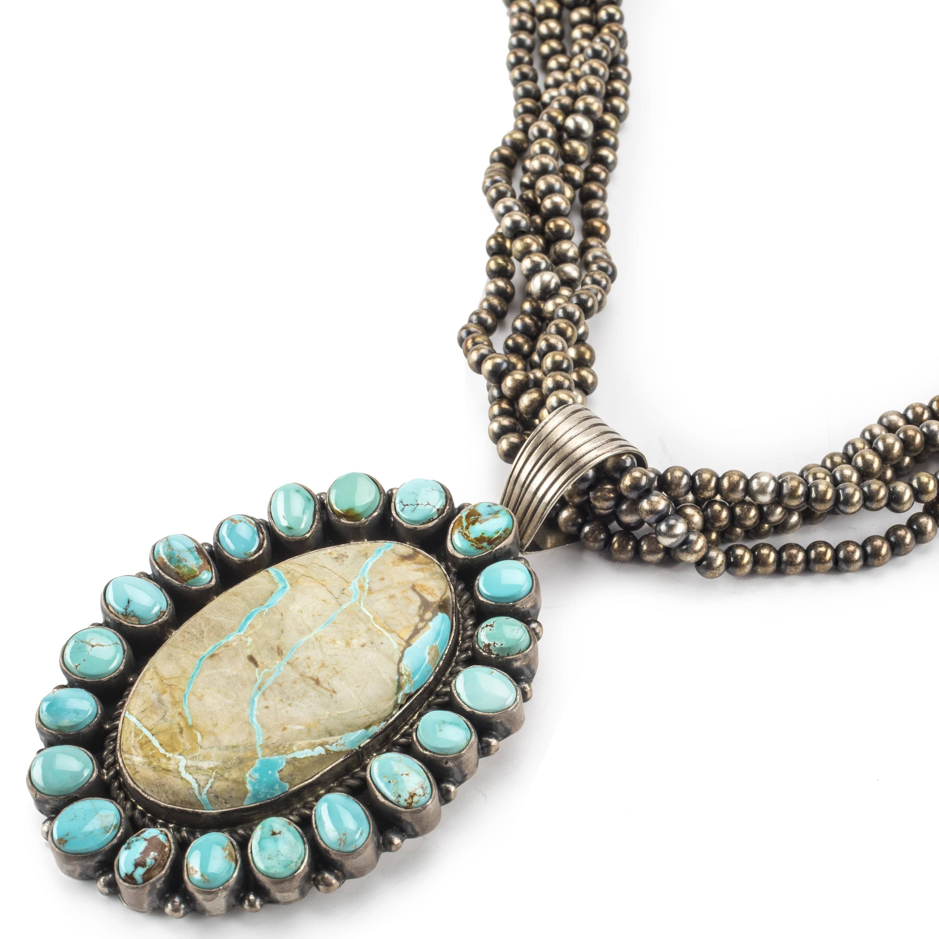 Kalifano Native American Jewelry Dry Creek and Boulder Turquoise Pendant with Navajo Pearl Necklace USA Native American Made 925 Sterling Silver Set NAN3000.004