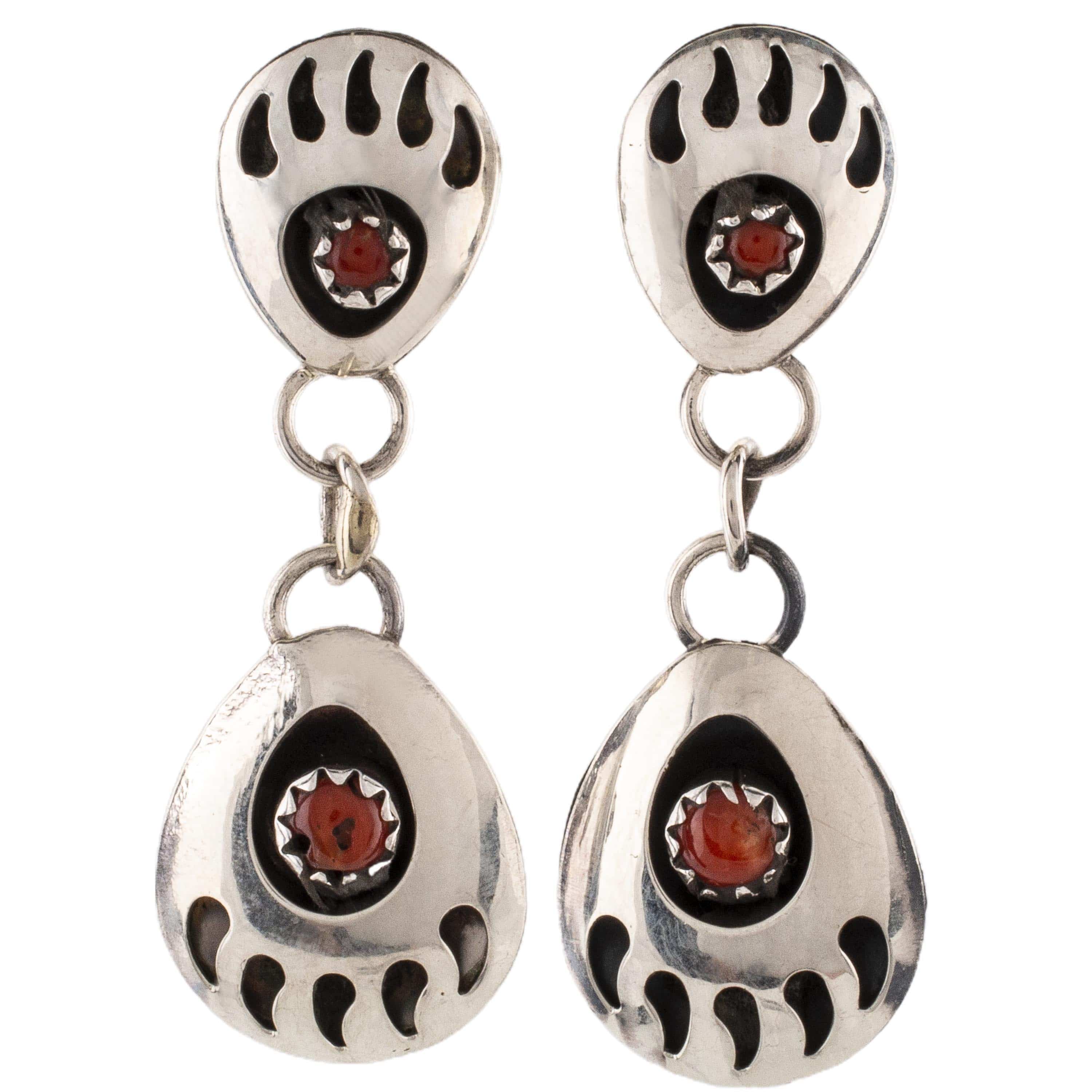 Kalifano Native American Jewelry Esther White Double Bear Claw with Coral Inlay USA Native American Made 925 Sterling Silver Dangly Earrings NAE150.012