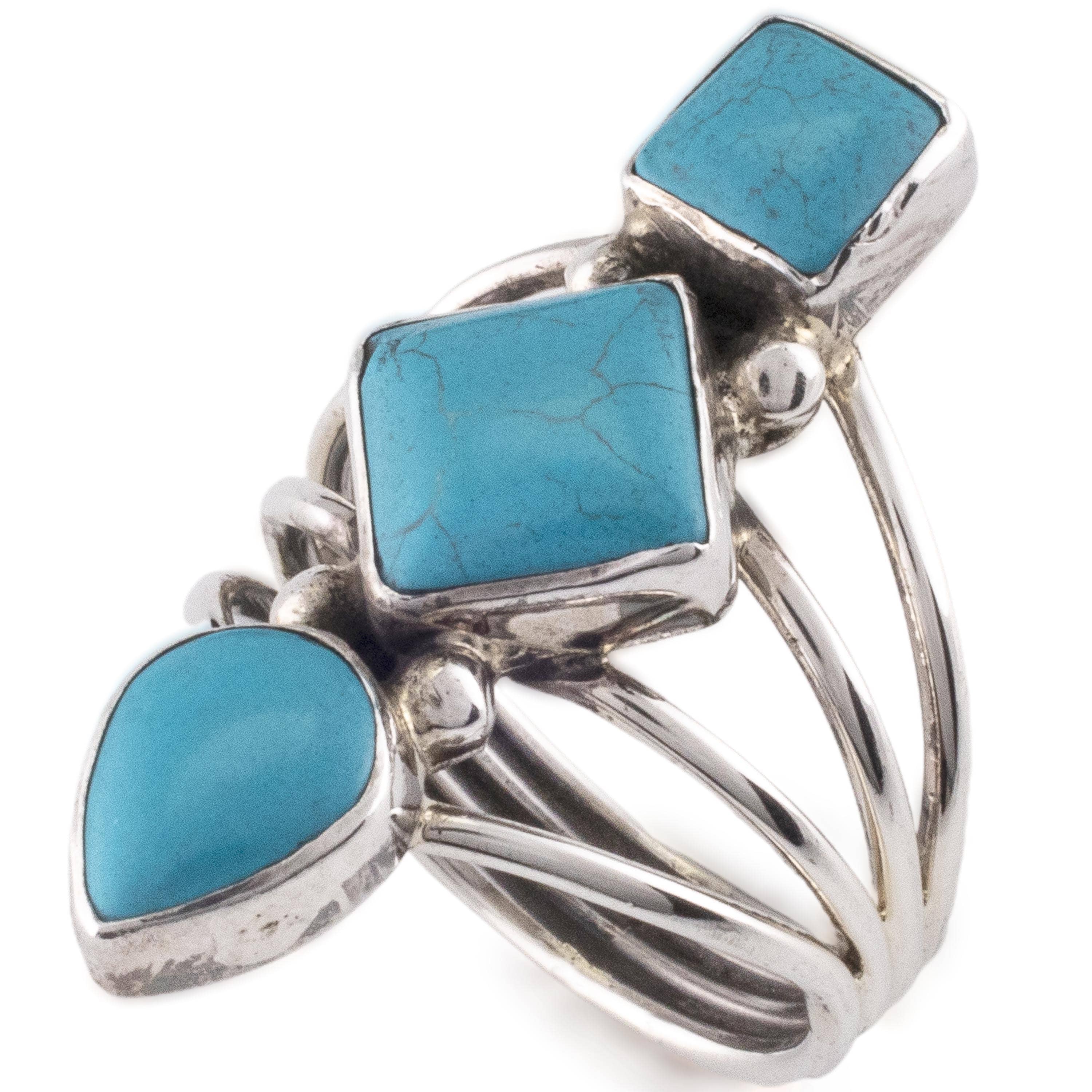Kalifano Native American Jewelry Etta Endito Navajo Sonoran Beauty Turquoise Square, Diamond, and Teardrop Shape Tier USA Native American Made 925 Sterling Silver Ring