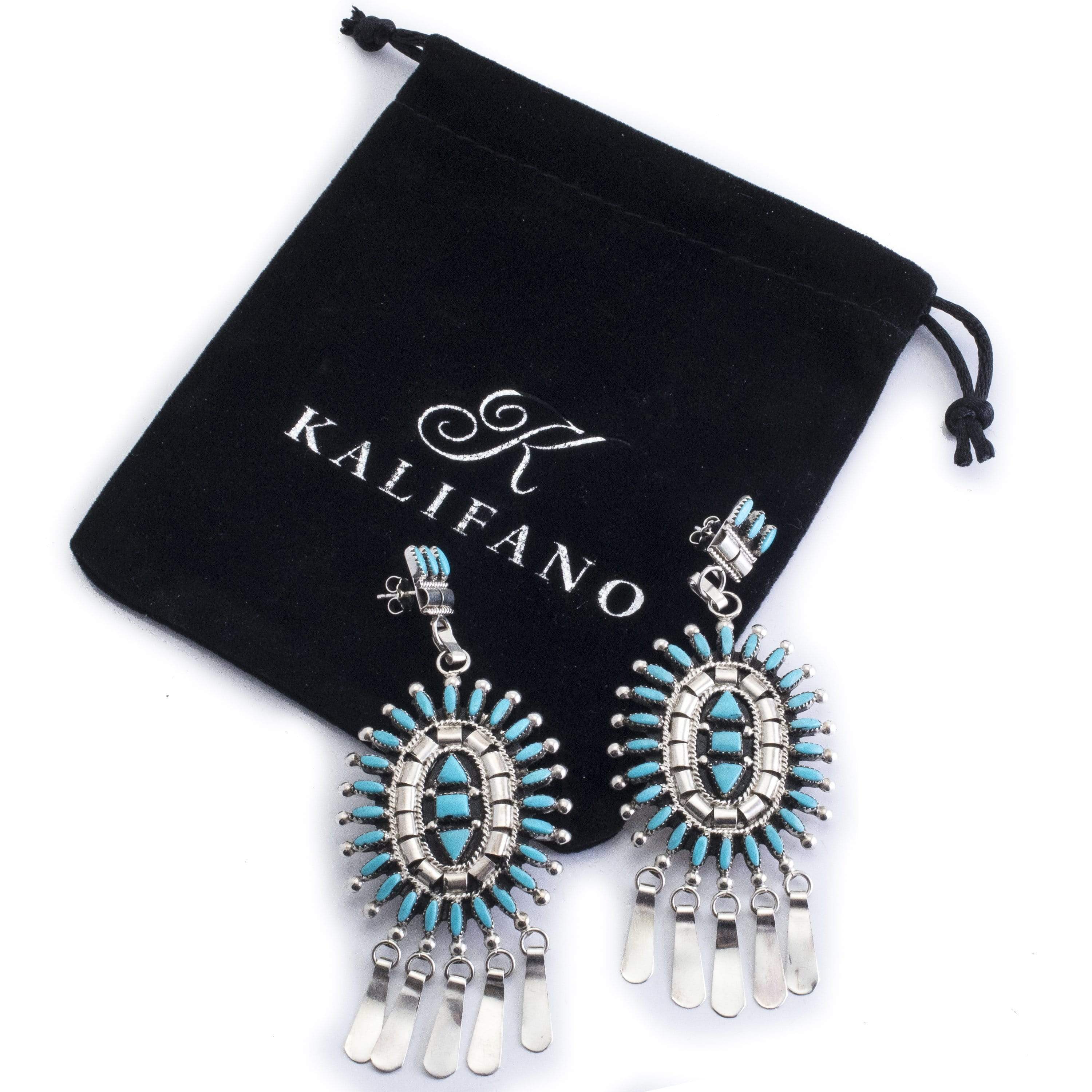 Kalifano Native American Jewelry Euome Hustito Kingman Turquoise Zuni Needle Point USA Native American Made 925 Sterling Silver Earrings with Stud Backing NAE1700.001