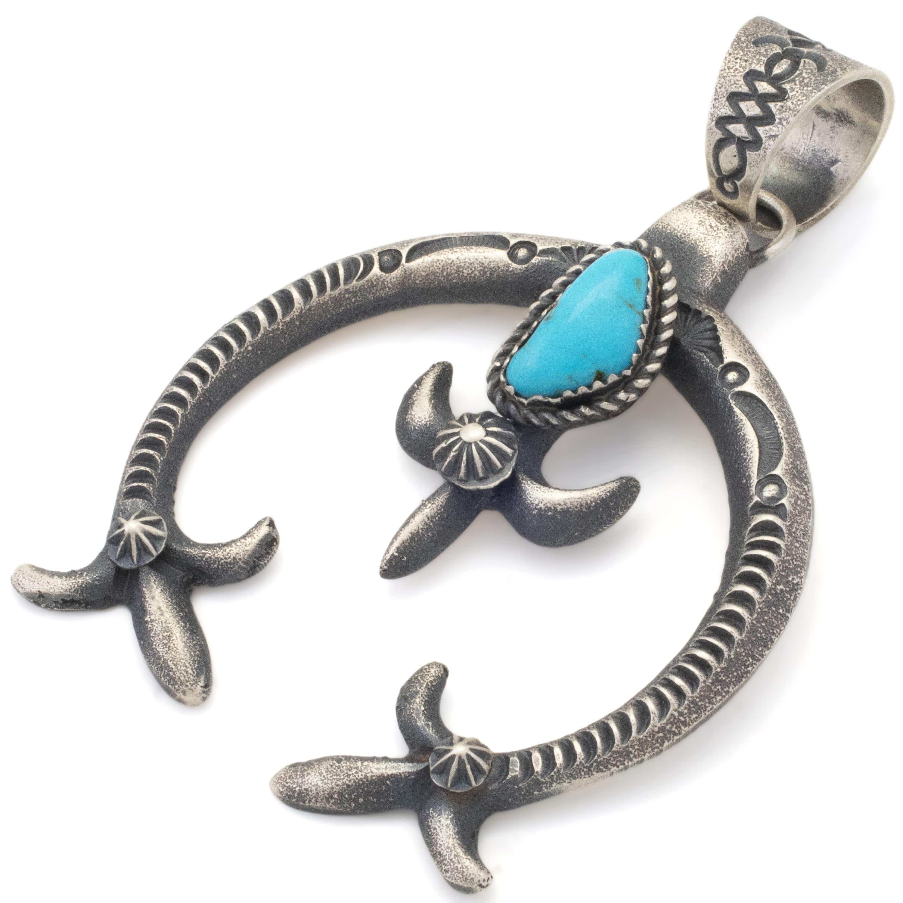 Kalifano Native American Jewelry Eva Billah Navajo Kingman Turquoise Squash Blossom USA Native American Made 925 Sterling Silver Pendant NAN1000.003