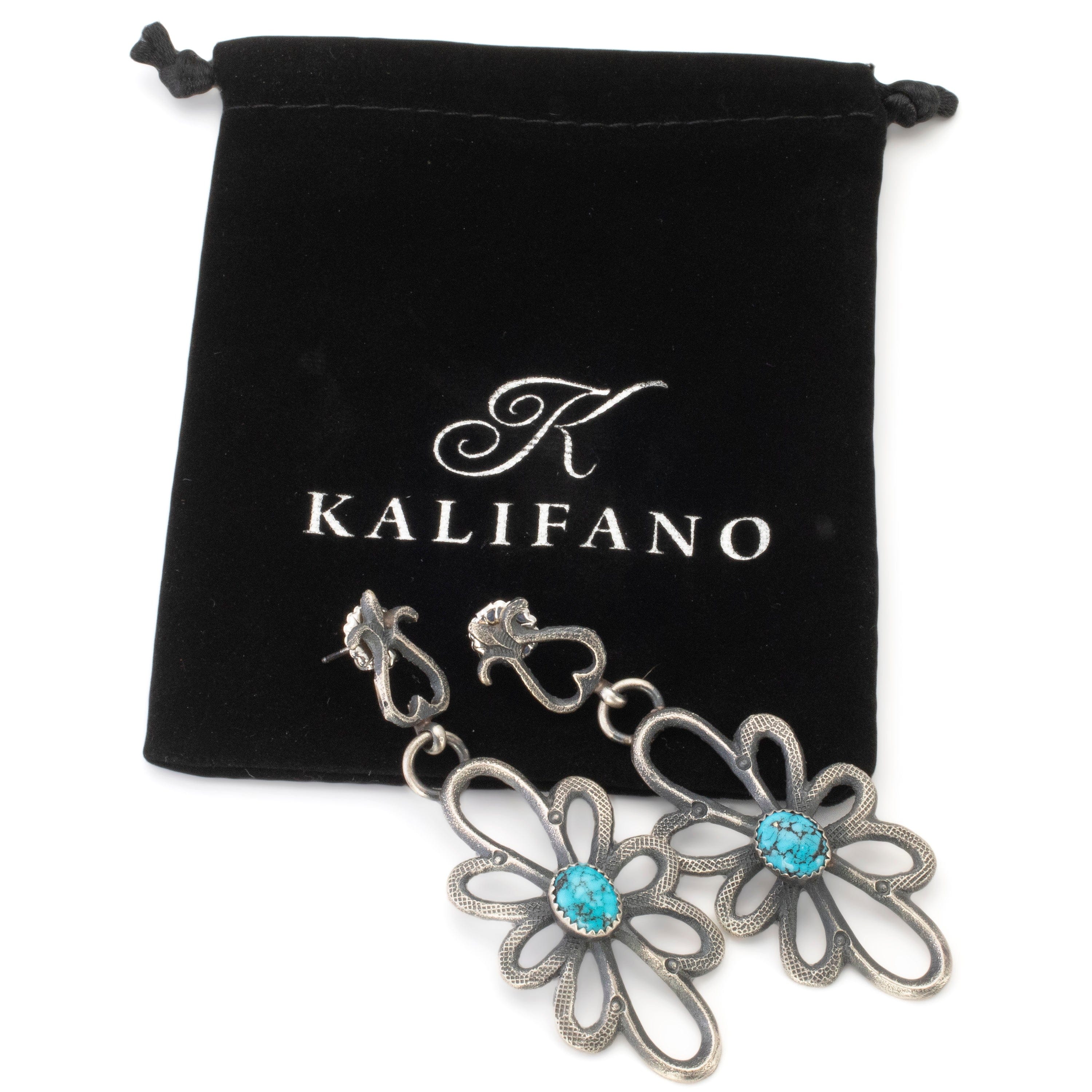 Kalifano Native American Jewelry Eva Billah Navajo Prince Turquoise USA Native American Made 925 Sterling Silver Dangly Flower Earrings with Stud Backing NAE1500.005