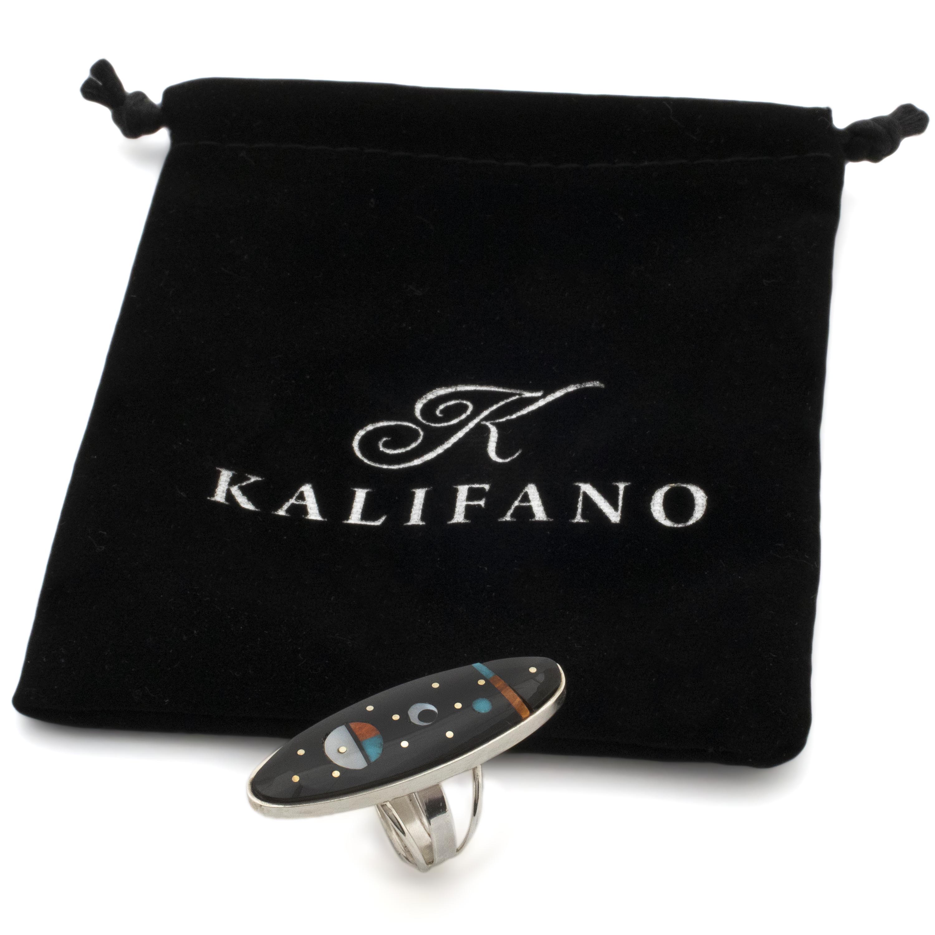 Kalifano Native American Jewelry Harold Smith Navajo Jet, Mother of Pearl, Turquoise, and Orange Spiny Oyster Shell Inlay USA Native American Made 925 Sterling Silver Ring