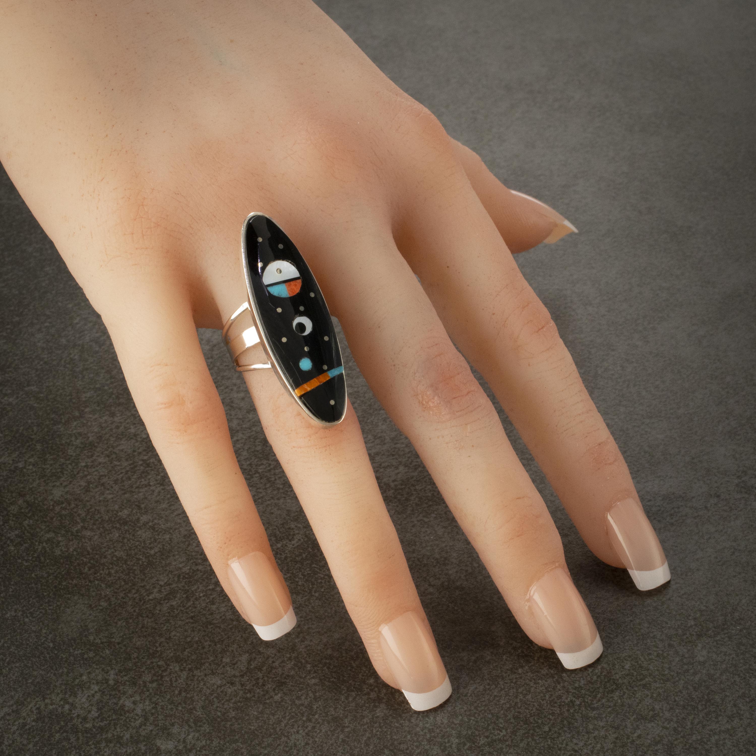 Kalifano Native American Jewelry Harold Smith Navajo Jet, Mother of Pearl, Turquoise, and Orange Spiny Oyster Shell Inlay USA Native American Made 925 Sterling Silver Ring
