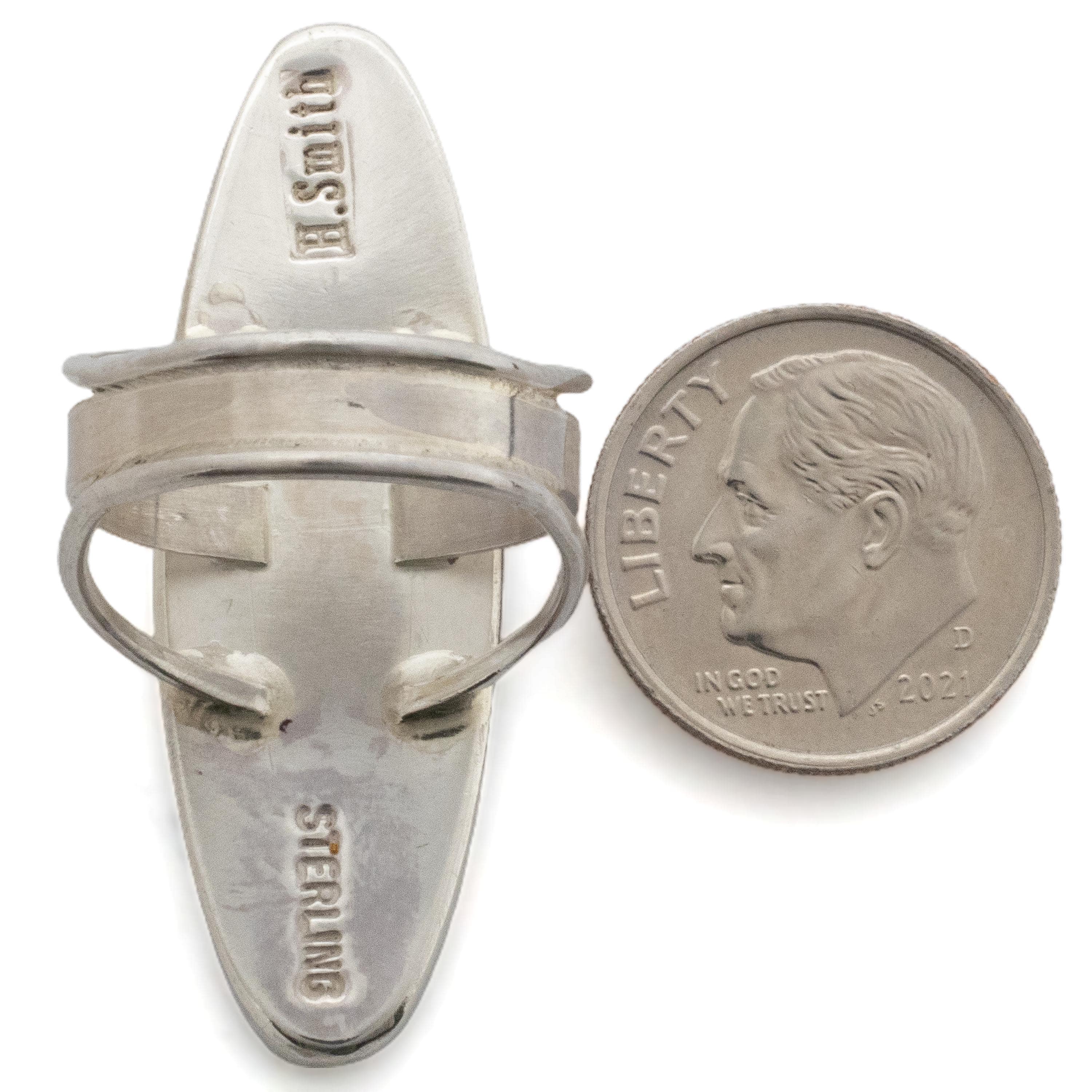Kalifano Native American Jewelry Harold Smith Navajo Jet, Mother of Pearl, Turquoise, and Orange Spiny Oyster Shell Inlay USA Native American Made 925 Sterling Silver Ring