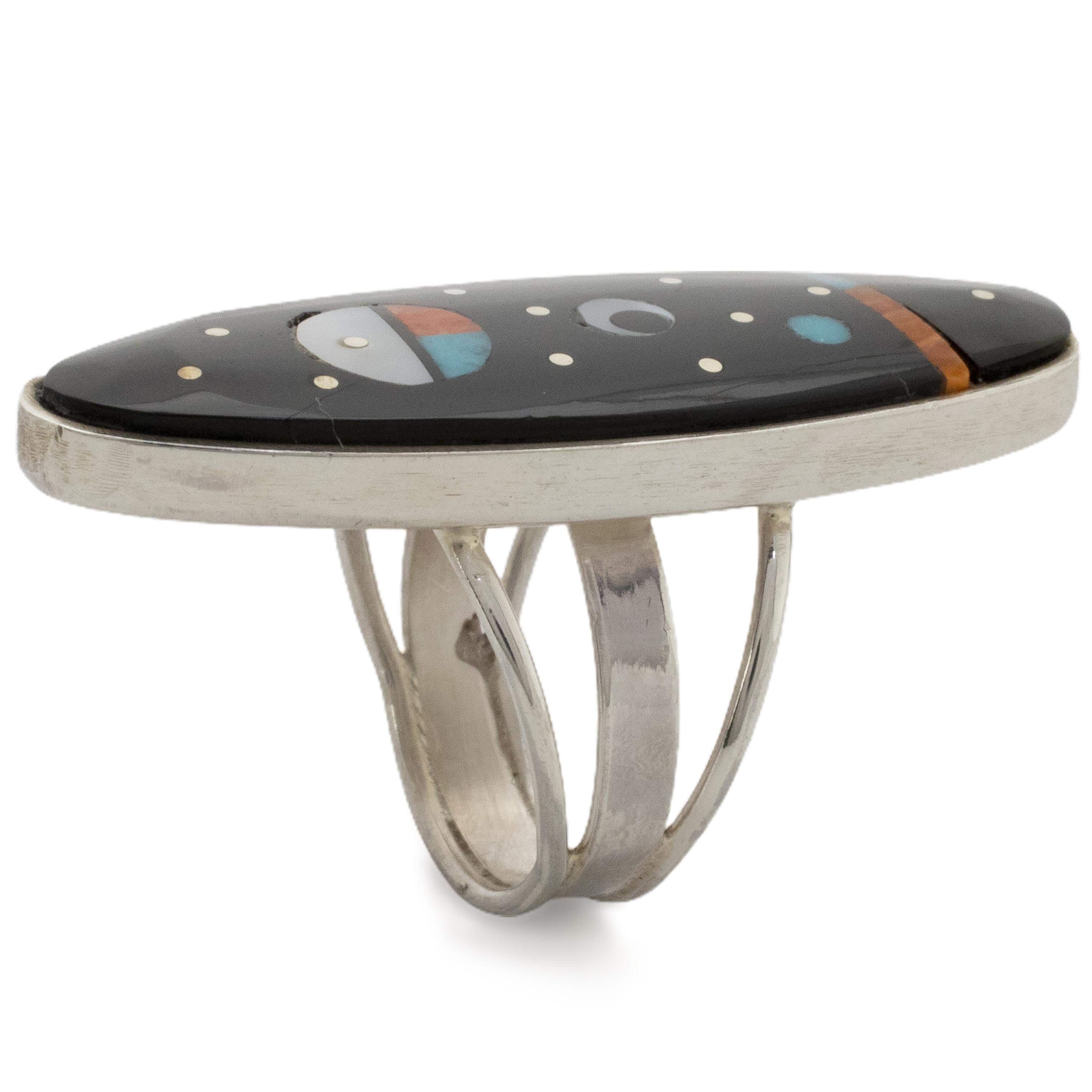 Kalifano Native American Jewelry Harold Smith Navajo Jet, Mother of Pearl, Turquoise, and Orange Spiny Oyster Shell Inlay USA Native American Made 925 Sterling Silver Ring